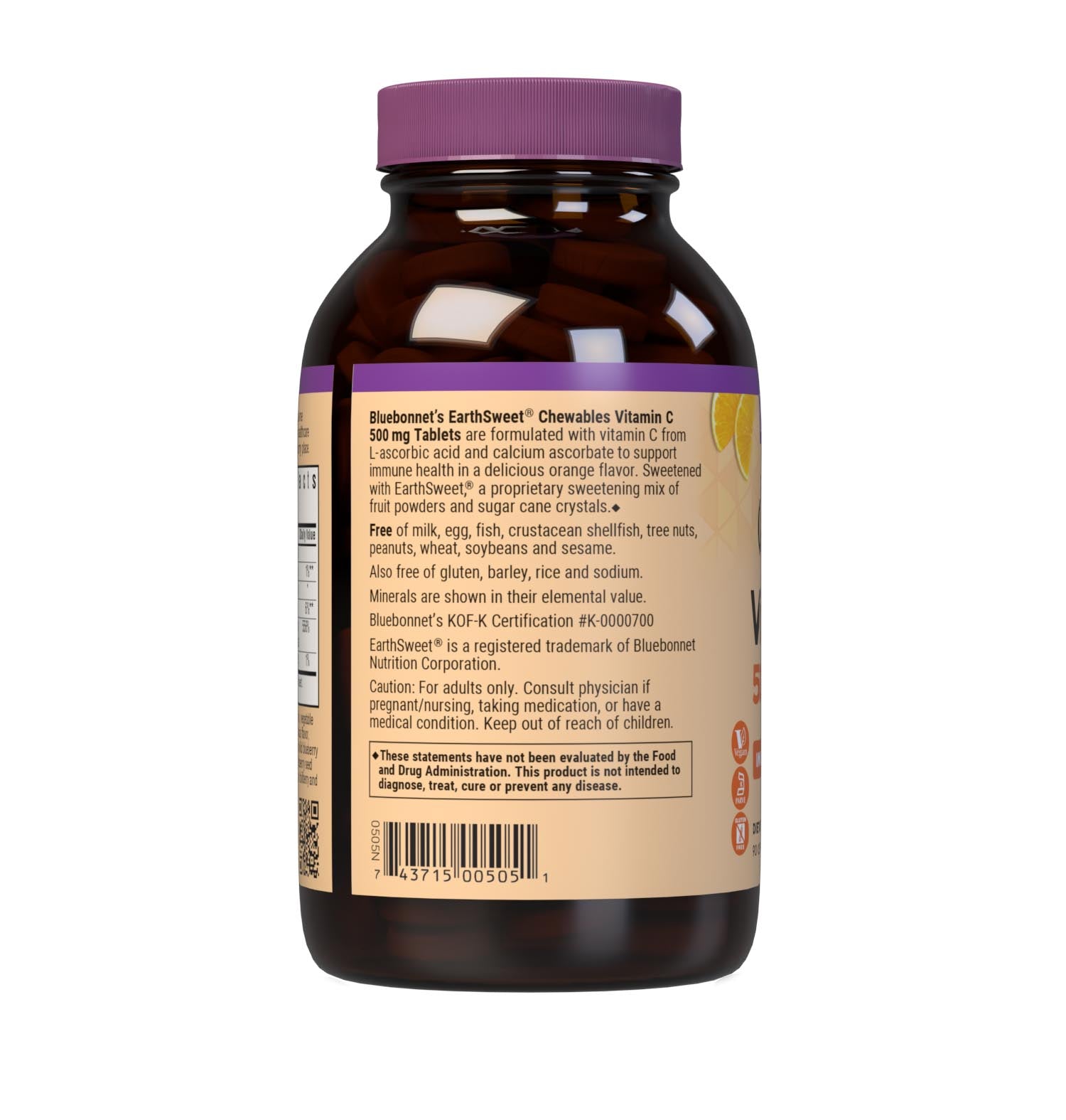 Bluebonnet’s EarthSweet Chewables Vitamin C 500 mg 90 Tablets are formulated with vitamin C from L-ascorbic acid and calcium ascorbate to help support immune function in a delicious orange flavor. Sweetened with EarthSweet, a proprietary sweetening mix of juice powders and sugar cane crystals. Description panel. #size_90 count