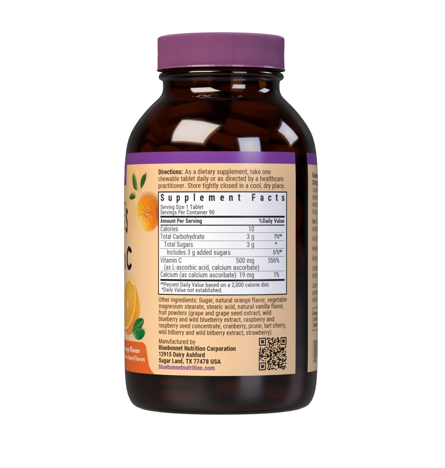 Bluebonnet’s EarthSweet Chewables Vitamin C 500 mg 90 Tablets are formulated with vitamin C from L-ascorbic acid and calcium ascorbate to help support immune function in a delicious orange flavor. Sweetened with EarthSweet, a proprietary sweetening mix of juice powders and sugar cane crystals. Supplement facts panel. #size_90 count