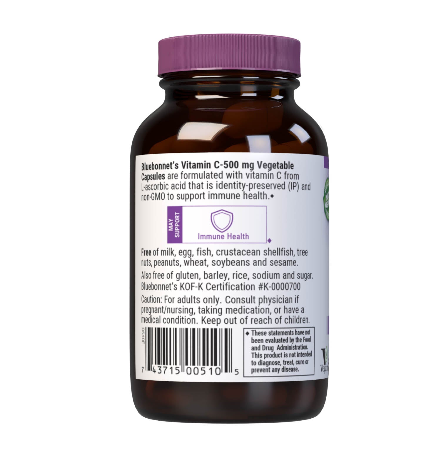 Bluebonnet’s Vitamin C-500 mg 90 Vegetable Capsules are formulated with vitamin C from L-ascorbic acid that is (IP) identity-preserved and non-GMO to help support immune health. Description panel. #size_90 count