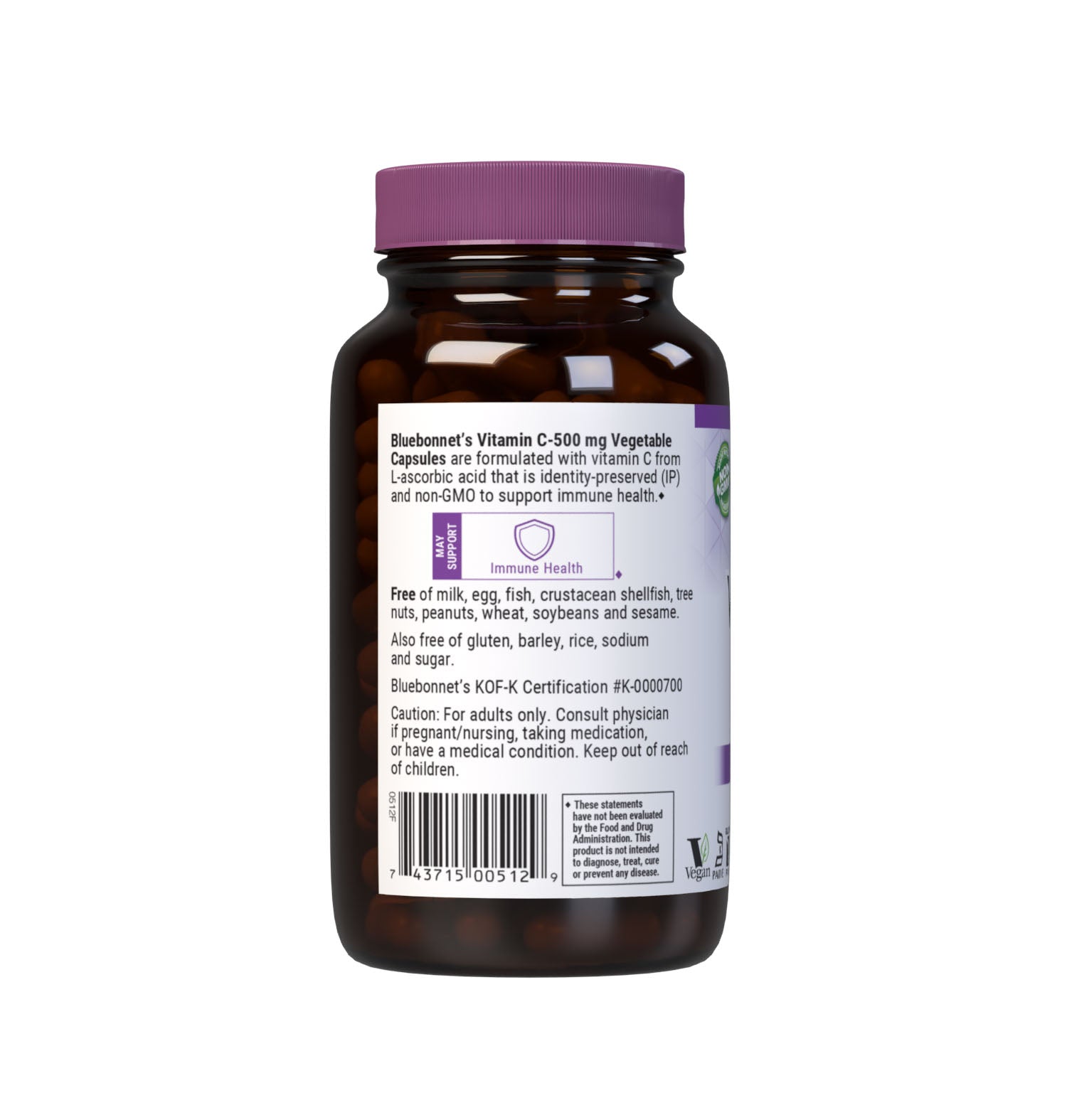 Bluebonnet’s Vitamin C-500 mg 180 Vegetable Capsules are formulated with vitamin C from L-ascorbic acid that is (IP) identity-preserved and non-GMO to help support immune health. Description panel. #size_180 count