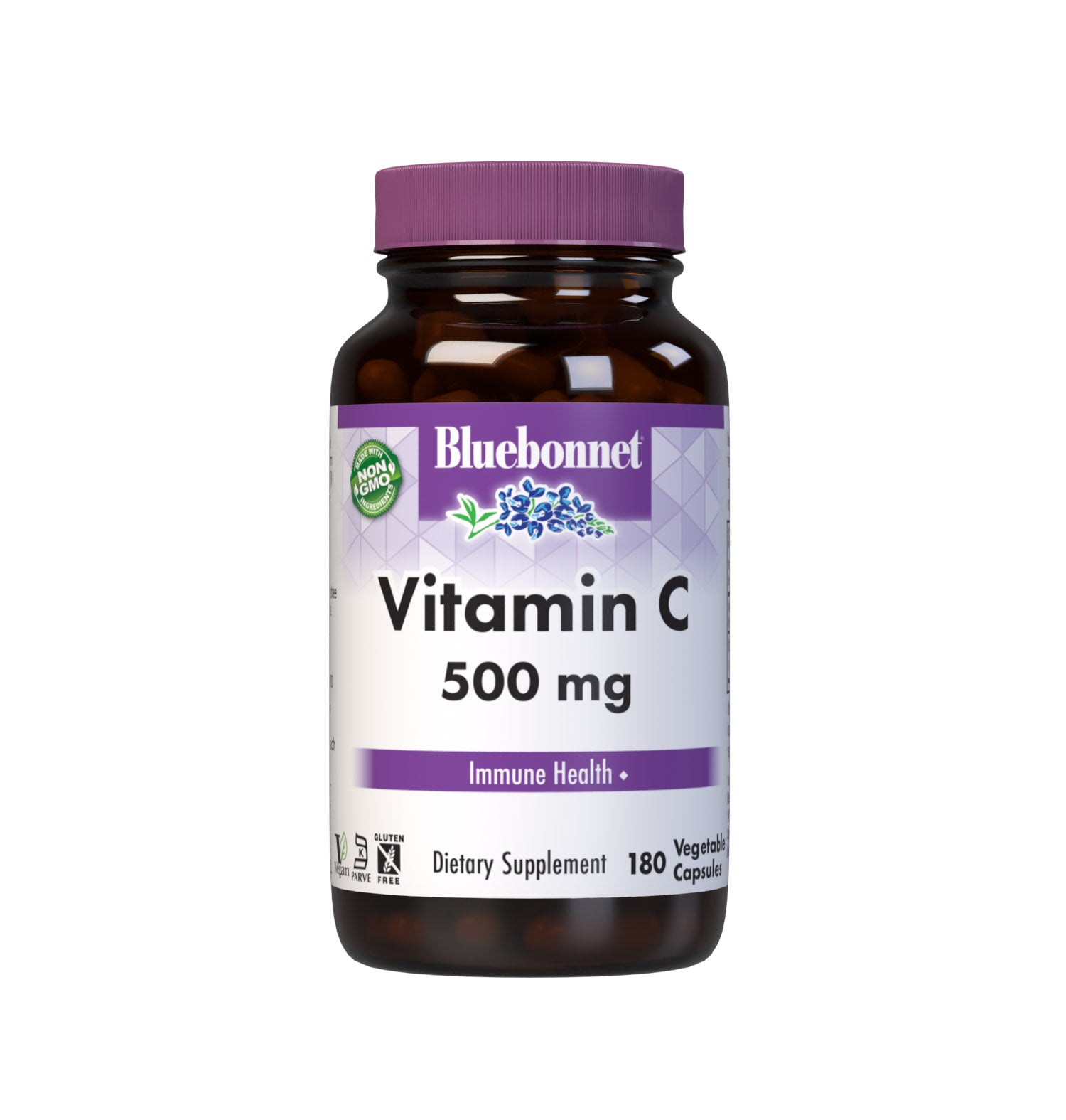 Bluebonnet’s Vitamin C-500 mg 180 Vegetable Capsules are formulated with vitamin C from L-ascorbic acid that is (IP) identity-preserved and non-GMO to help support immune health. #size_180 count