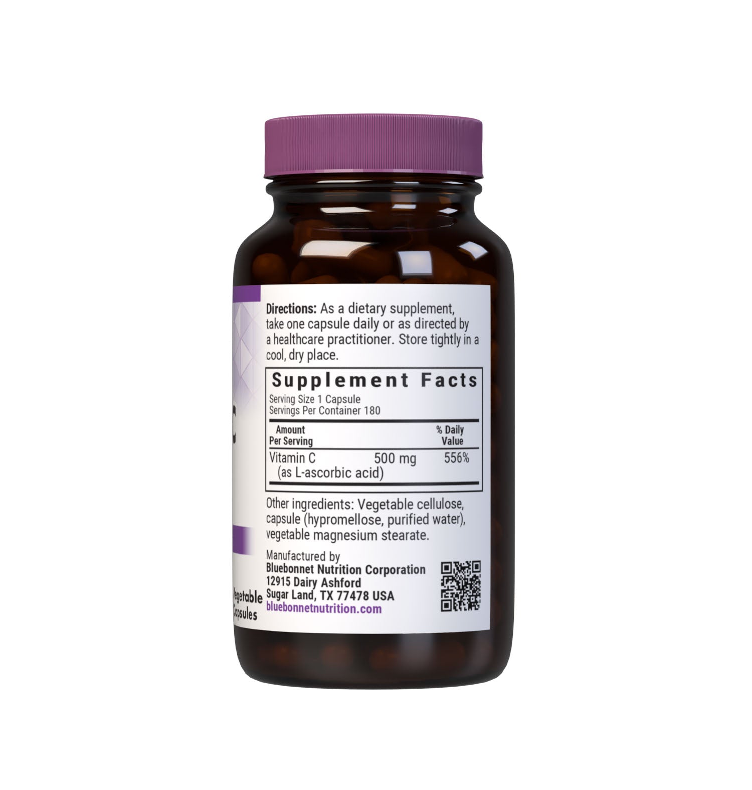 Bluebonnet’s Vitamin C-500 mg 180 Vegetable Capsules are formulated with vitamin C from L-ascorbic acid that is (IP) identity-preserved and non-GMO to help support immune health. Supplement facts panel. #size_180 count