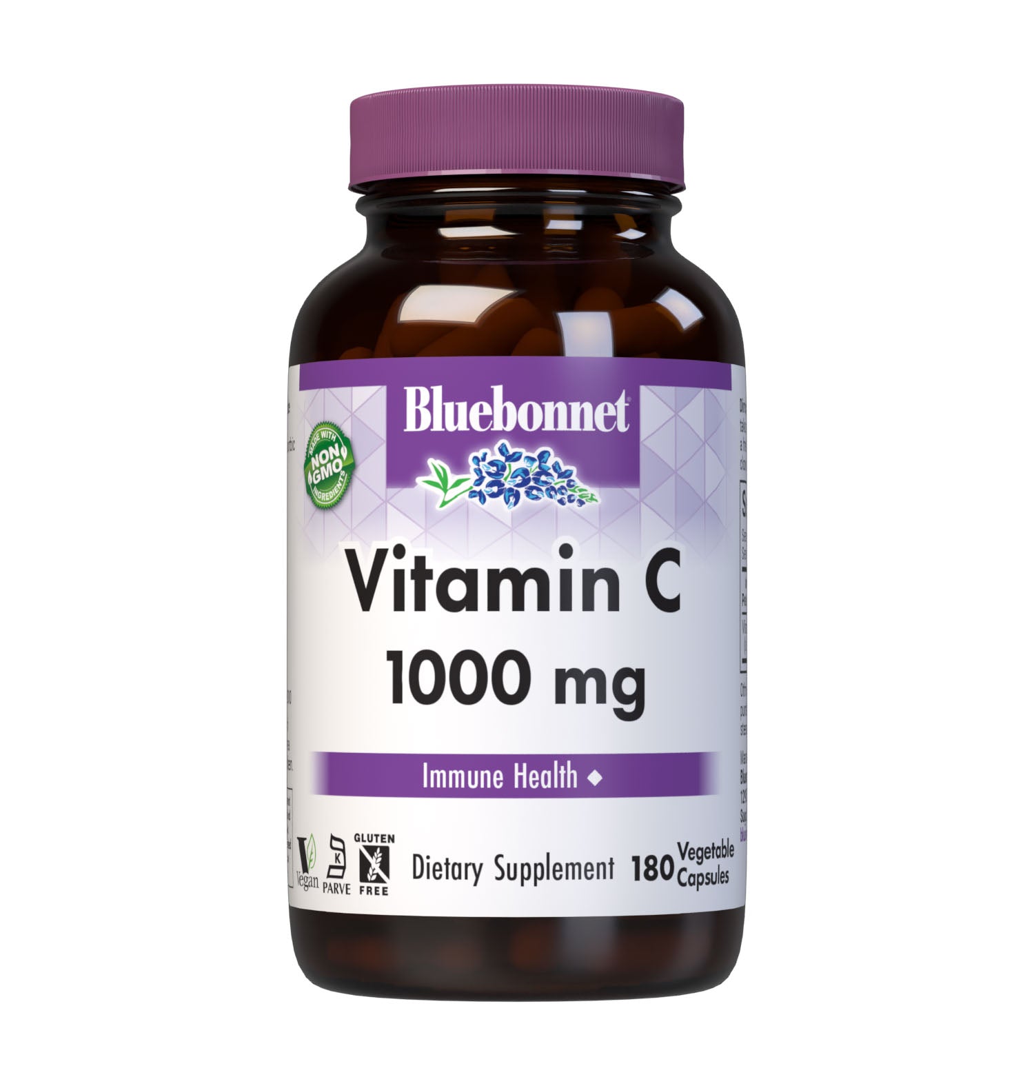 Bluebonnet Nutrition's Vitamin C-1000 mg 180 Vegetable Capsules are formulated with non-GMO, identity-preserved (IP) vitamin C from L-ascorbic acid to help support immune function. #size_180 count