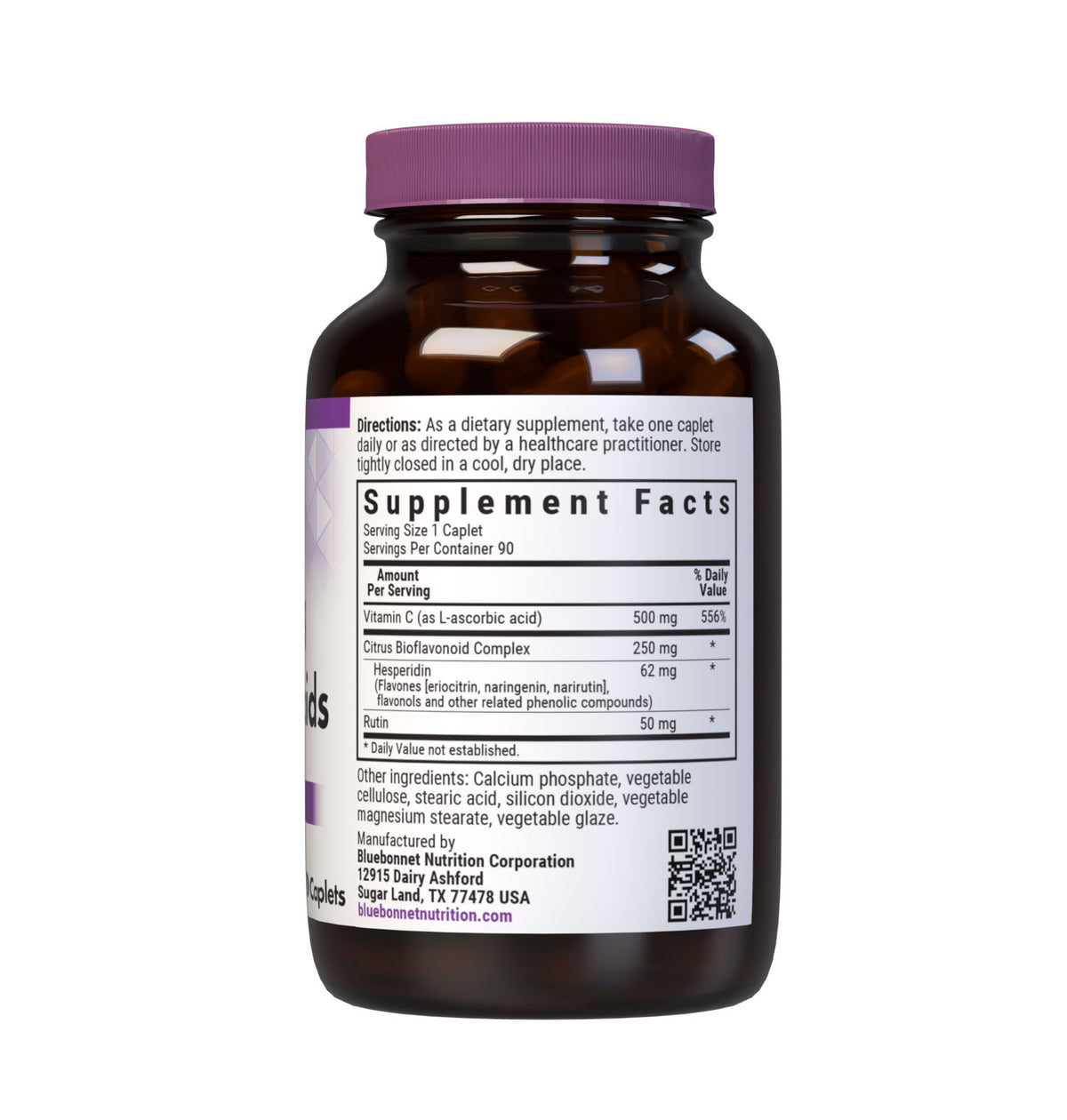 Bluebonnet’s C-500 mg & Bioflavonoids 90 Caplets are formulated with vitamin C from L-ascorbic acid that is (IP) identity-preserved and non-GMO with citrus bioflavonoids from oranges, lemons, tangerines, grapefruits and limes to help support immune health. Supplement facts panel. #size_90 count
