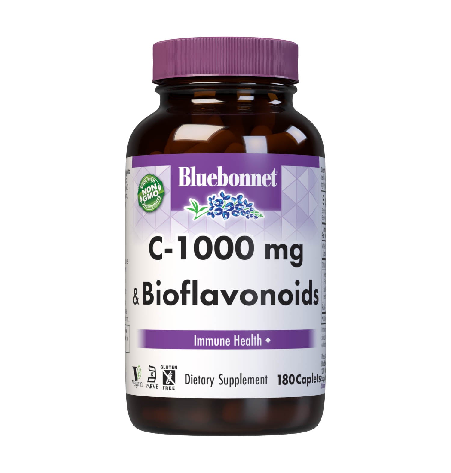 Bluebonnet’s C-1000 mg & Bioflavonoids 180 Caplets are formulated with vitamin C from L-ascorbic acid that is (IP) identity-preserved and non-GMO with citrus bioflavonoids from oranges, lemons, tangerines, grapefruits and limes to help support immune health. #size_180 count