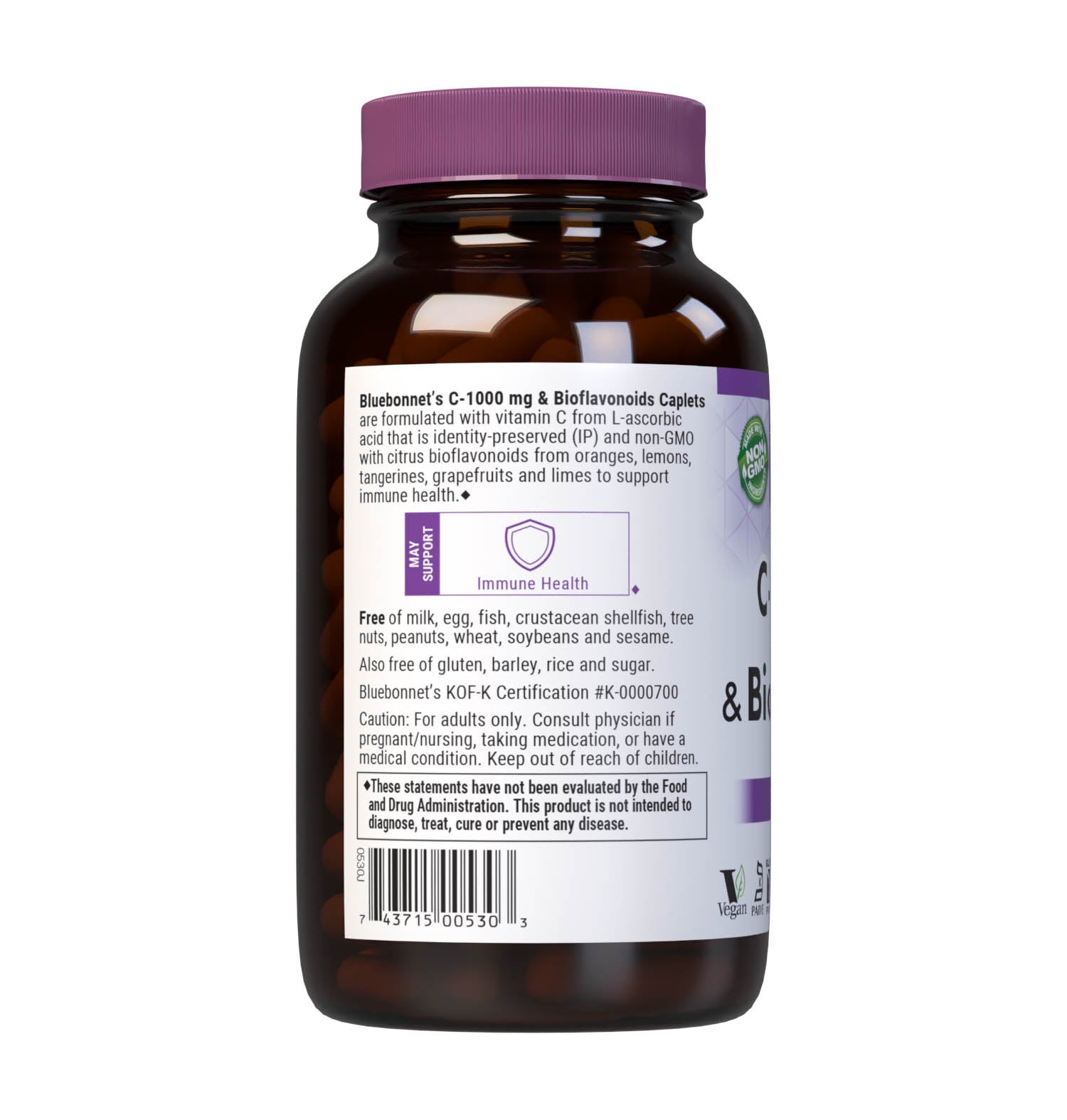 Bluebonnet’s C-1000 mg & Bioflavonoids 180 Caplets are formulated with vitamin C from L-ascorbic acid that is (IP) identity-preserved and non-GMO with citrus bioflavonoids from oranges, lemons, tangerines, grapefruits and limes to help support immune health. Description panel. #size_180 count