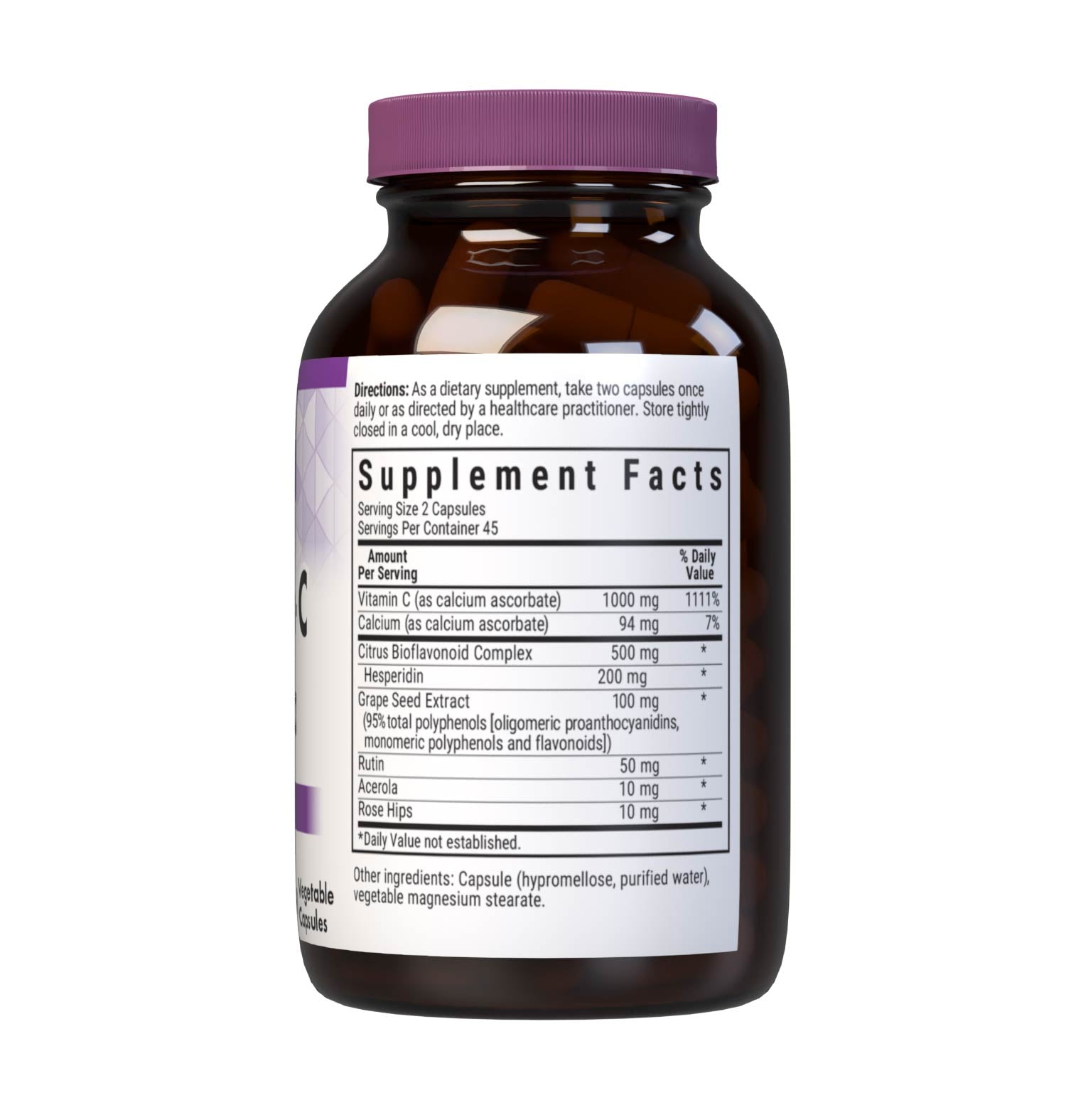 Bluebonnet’s Optimum-C Formula 90 Vegetable Capsules are formulated with non-GMO, identity preserved (IP) vitamin C from calcium ascorbate, rose hips and acerola along with citrus bioflavonoids and grape seed extract to help support immune function. Supplement facts panel. #size_90 count