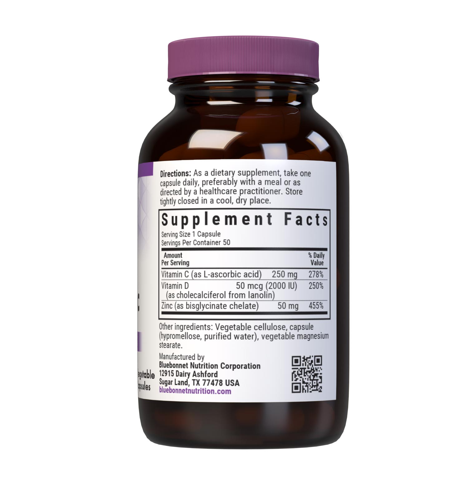 Bluebonnet’s Vitamin C, D3 & Zinc 50 Vegetable Capsules are specially formulated with antioxidants and immune nutrients-vitamin C, vitamin D3 and zinc to support immune health and well being. Supplement facts panel. #size_50 count