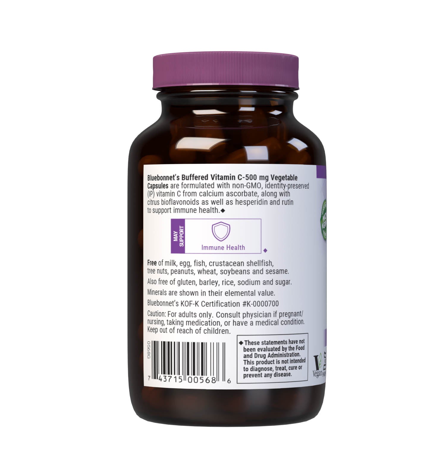 Bluebonnet’s Buffered Vitamin C-500 mg 90 Vegetable Capsules are formulated with non-GMO identity-preserved (IP) vitamin C from calcium ascorbate, along with citrus bioflavonoids from oranges, lemons, tangerines, grapefruit and limes as well as hesperidin and rutin to help support immune function. Description panel. #size_90 count