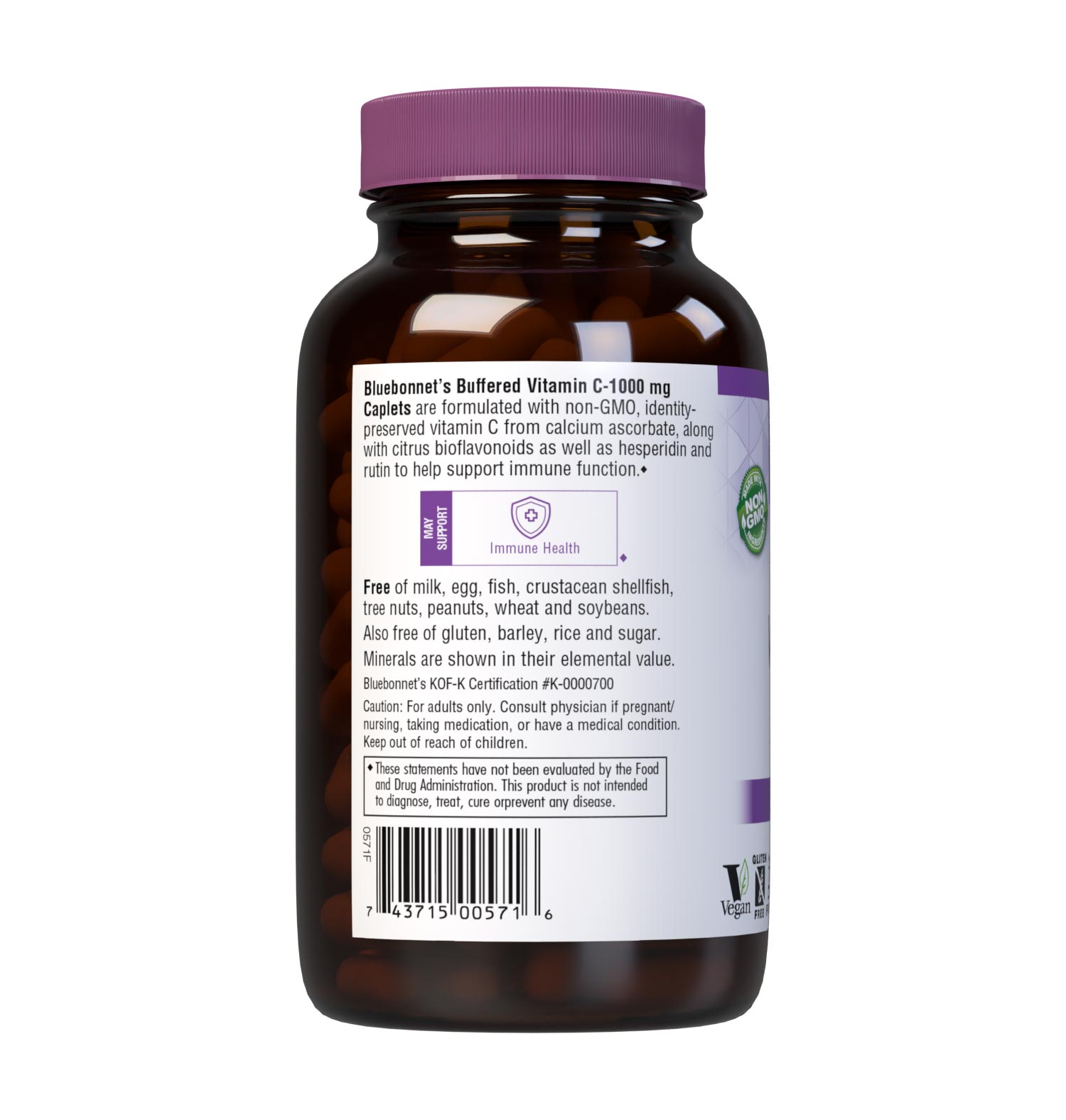 Bluebonnet Nutrition's BUFFERED VITAMIN C-1000 mg 180 caplets is formulated with 1000 mg of identity-preserved (IP) Buffered Vitamin C & Citrus Bioflavonoids and Rutin. Description panel. #size_180 count