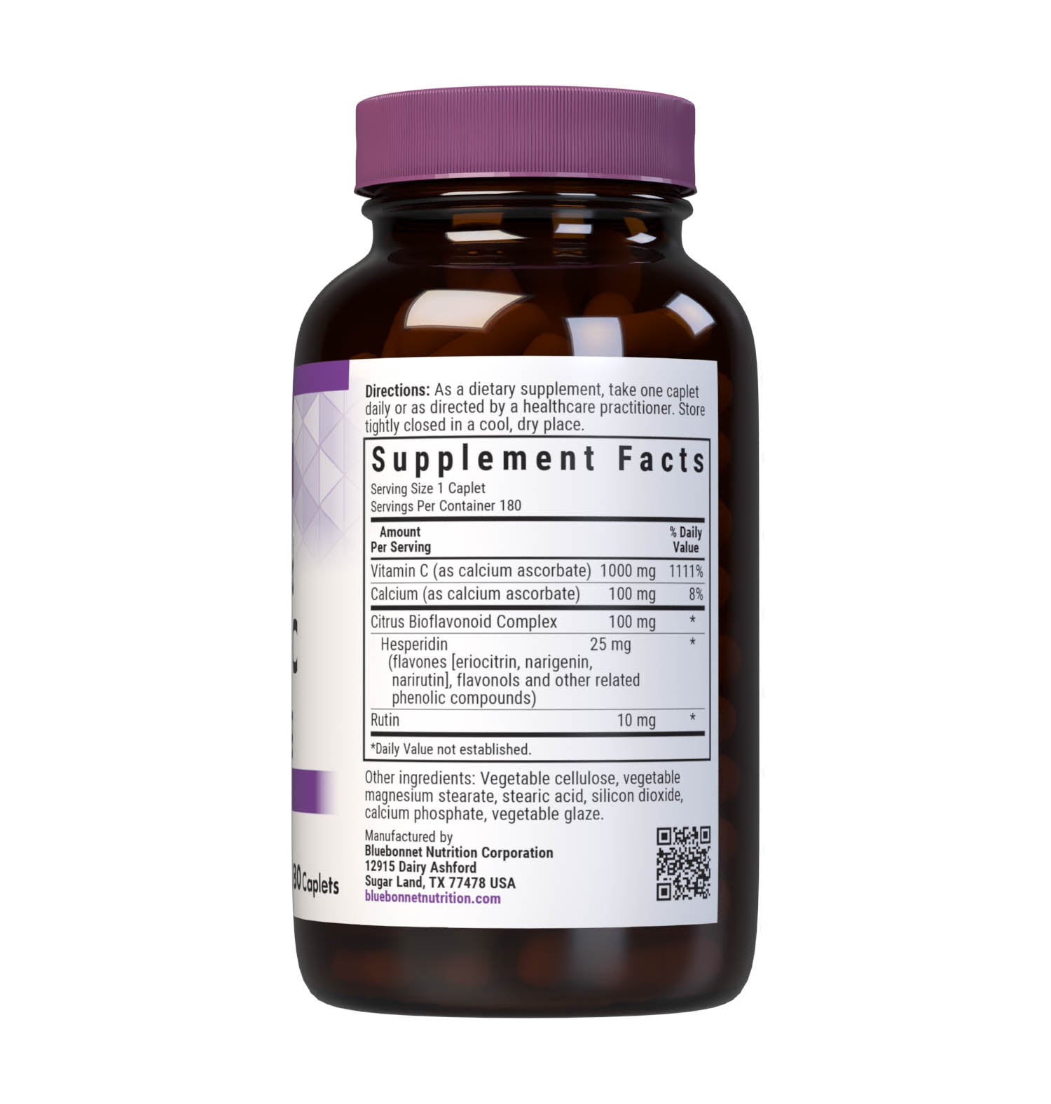 Bluebonnet Nutrition's BUFFERED VITAMIN C-1000 mg 180 caplets is formulated with 1000 mg of identity-preserved (IP) Buffered Vitamin C & Citrus Bioflavonoids and Rutin. Supplement facts panel. #size_180 count