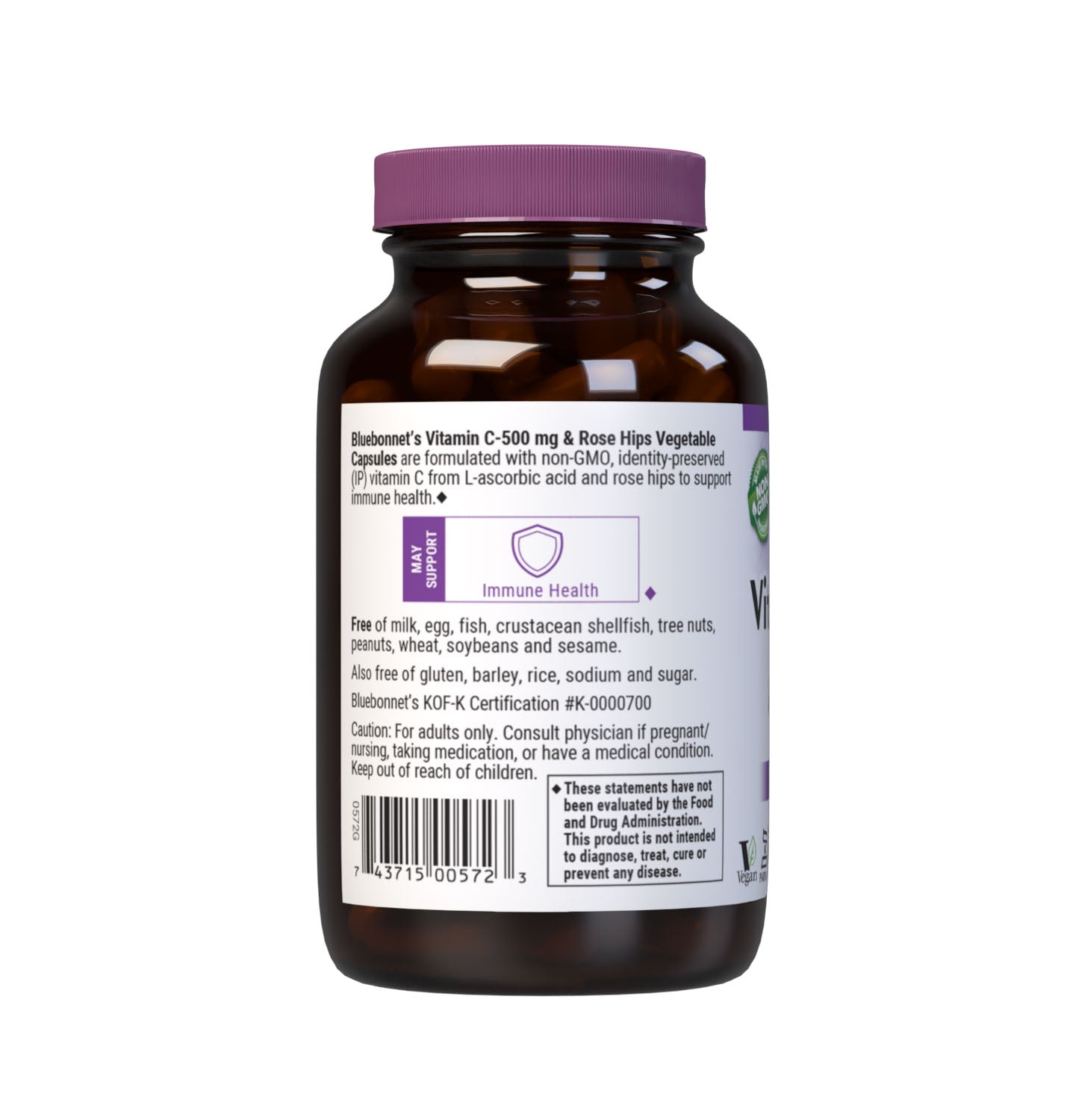 Bluebonnet’s Vitamin C-500 mg & Rose Hips 90 Vegetable Capsules are formulated with non-GMO, identity preserved (IP) vitamin C from L-ascorbic acid and rose hips to help support immune function. Description panel. #size_90 count