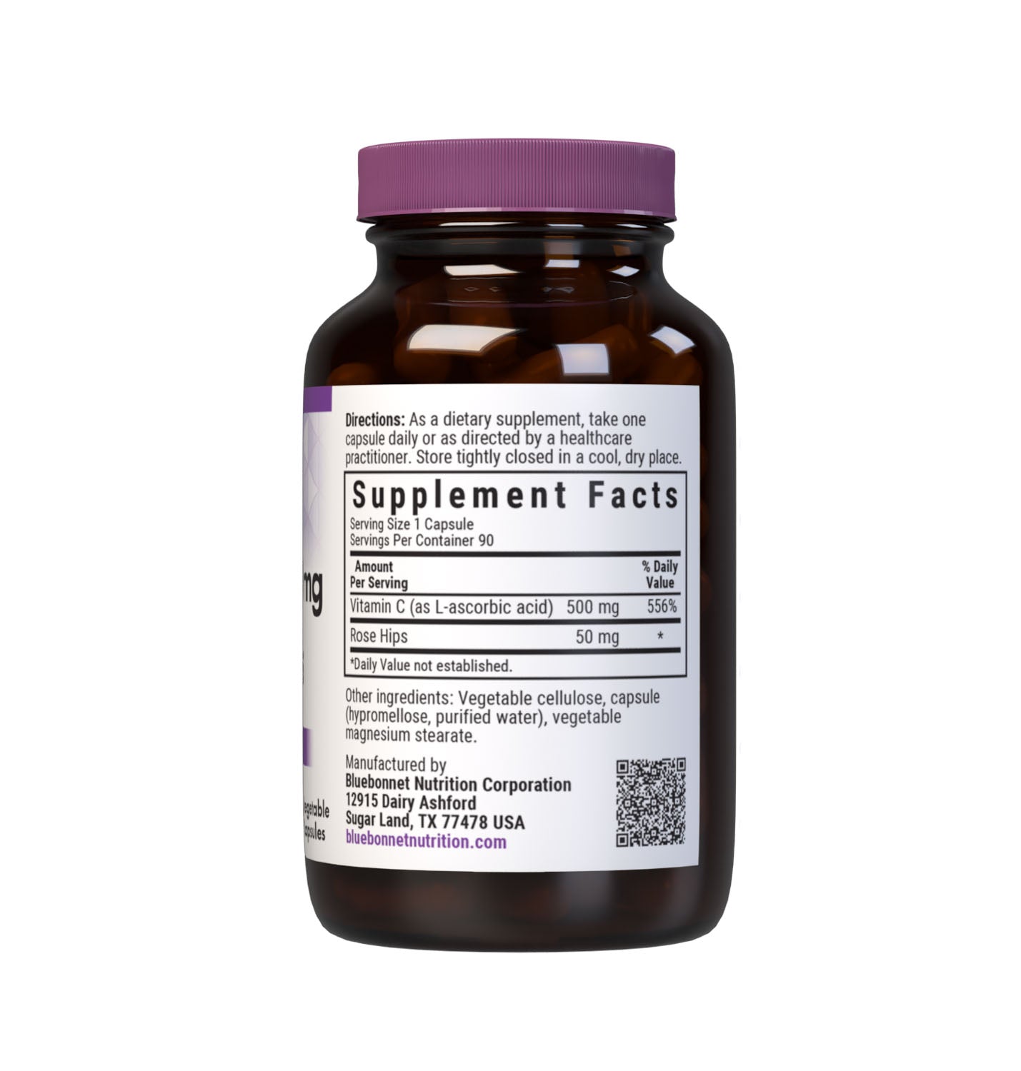 Bluebonnet’s Vitamin C-500 mg & Rose Hips 90 Vegetable Capsules are formulated with non-GMO, identity preserved (IP) vitamin C from L-ascorbic acid and rose hips to help support immune function. Supplement facts panel. #size_90 count
