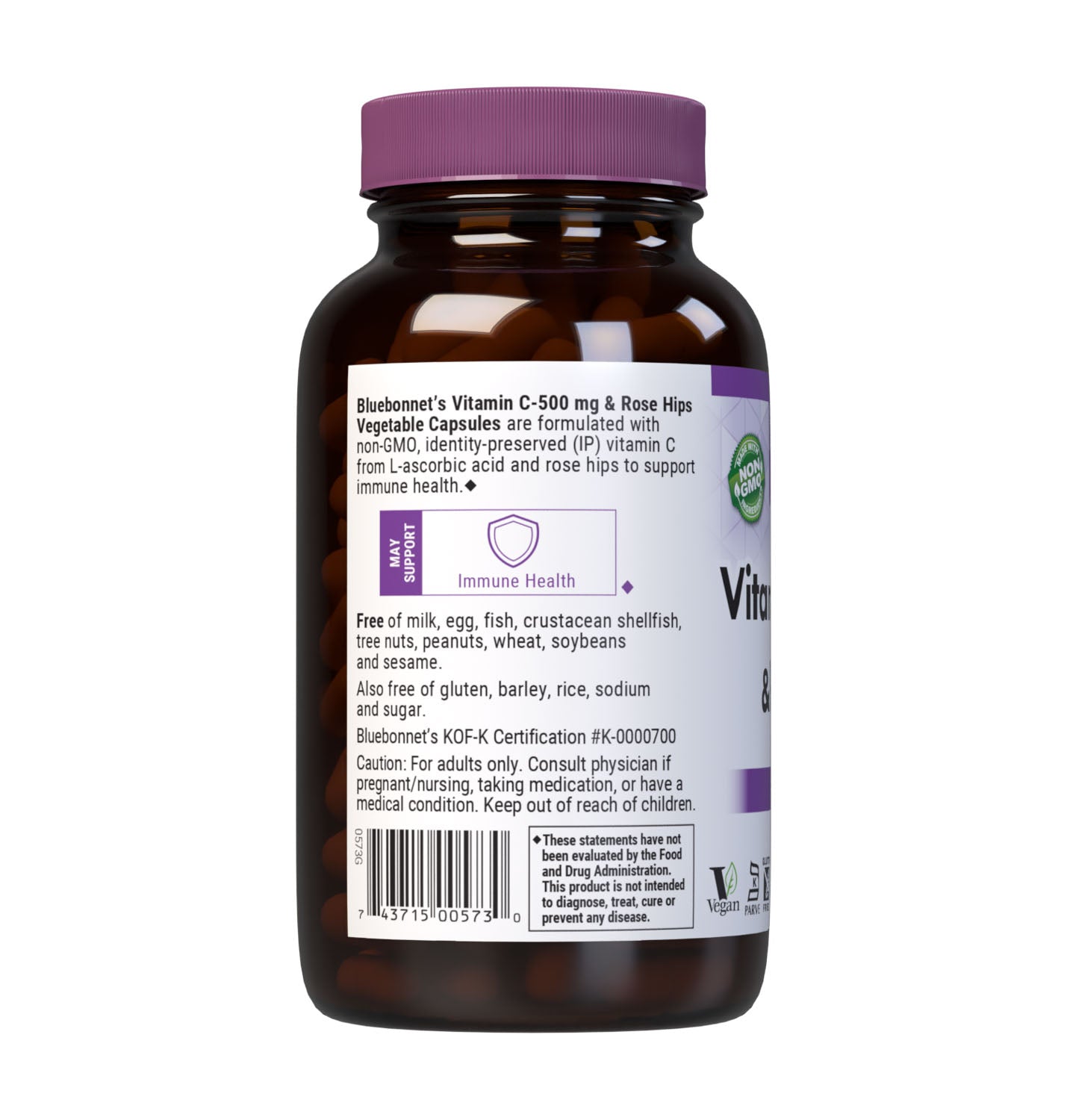 Bluebonnet’s Vitamin C-500 mg & Rose Hips 180 Vegetable Capsules are formulated with non-GMO, identity preserved (IP) vitamin C from L-ascorbic acid and rose hips to help support immune function. Description panel. #size_180 count