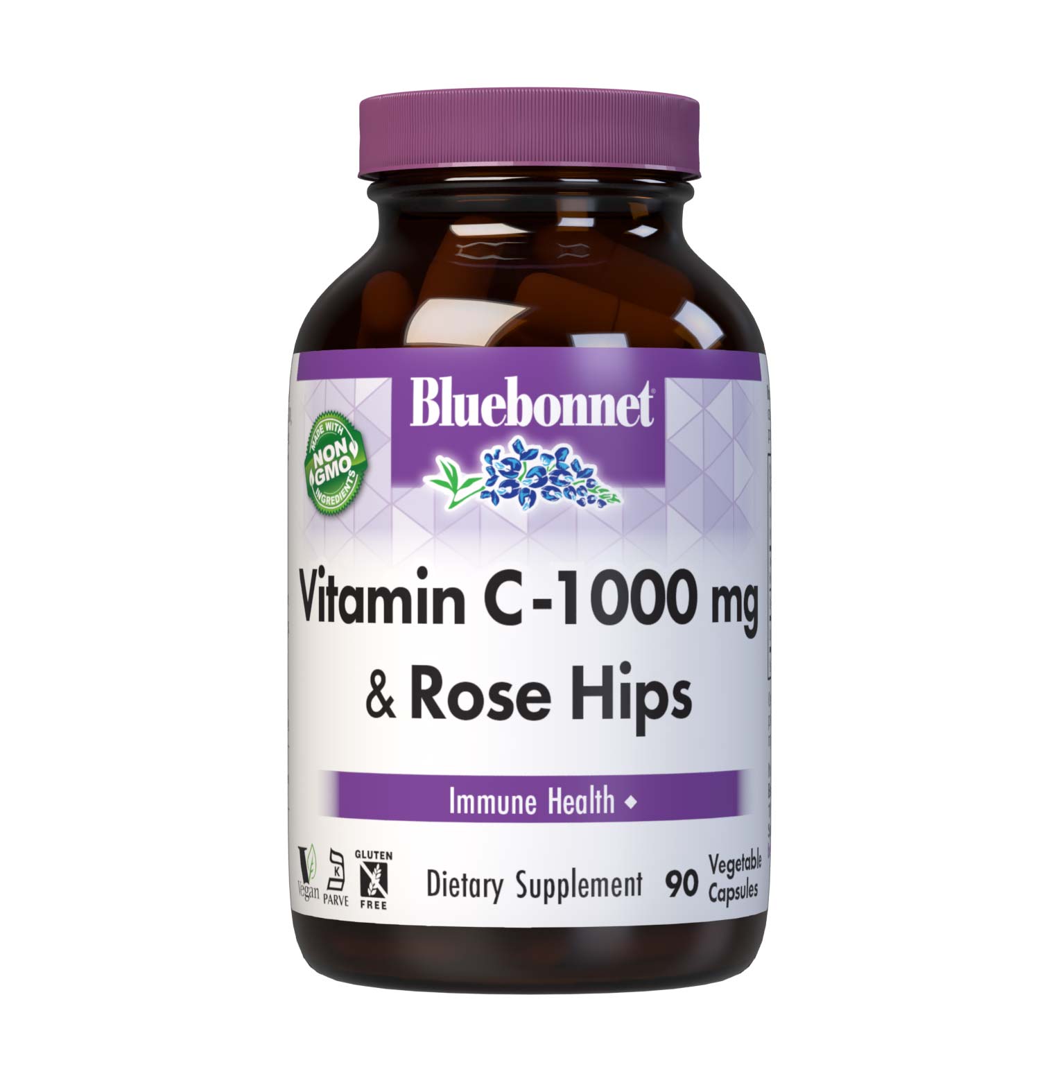 Bluebonnet’s Vitamin C-1000 mg & Rose Hips 90 Vegetable Capsules are formulated with non-GMO, identity preserved (IP) vitamin C from L-ascorbic acid and rose hips to help support immune function. #size_90 count