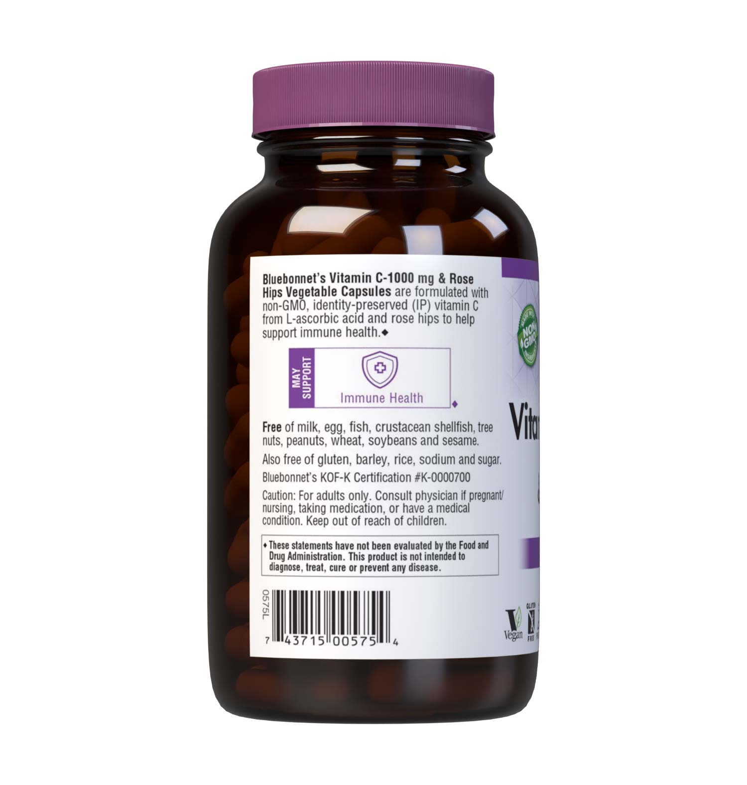 Bluebonnet’s Vitamin C-1000 mg & Rose Hips 180 Vegetable Capsules are formulated with non-GMO, identity preserved (IP) vitamin C from L-ascorbic acid and rose hips to help support immune function. Description panel. #size_180 count