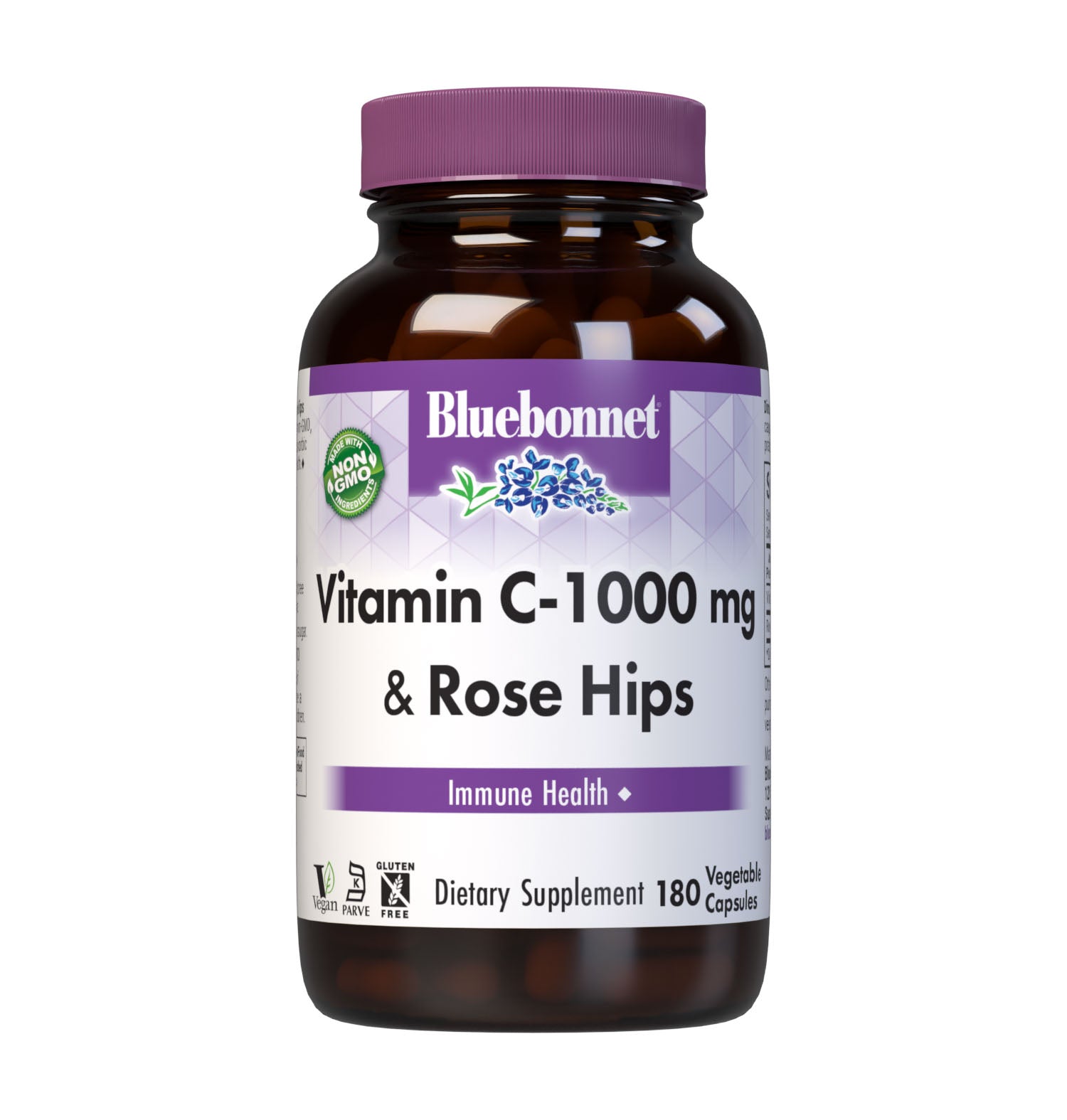 Bluebonnet’s Vitamin C-1000 mg & Rose Hips 180 Vegetable Capsules are formulated with non-GMO, identity preserved (IP) vitamin C from L-ascorbic acid and rose hips to help support immune function. #size_180 count