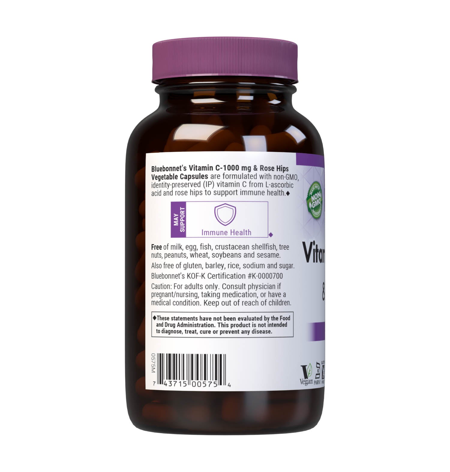 Bluebonnet’s Vitamin C-1000 mg & Rose Hips 180 Vegetable Capsules are formulated with non-GMO, identity preserved (IP) vitamin C from L-ascorbic acid and rose hips to help support immune function. Description panel. #size_180 count