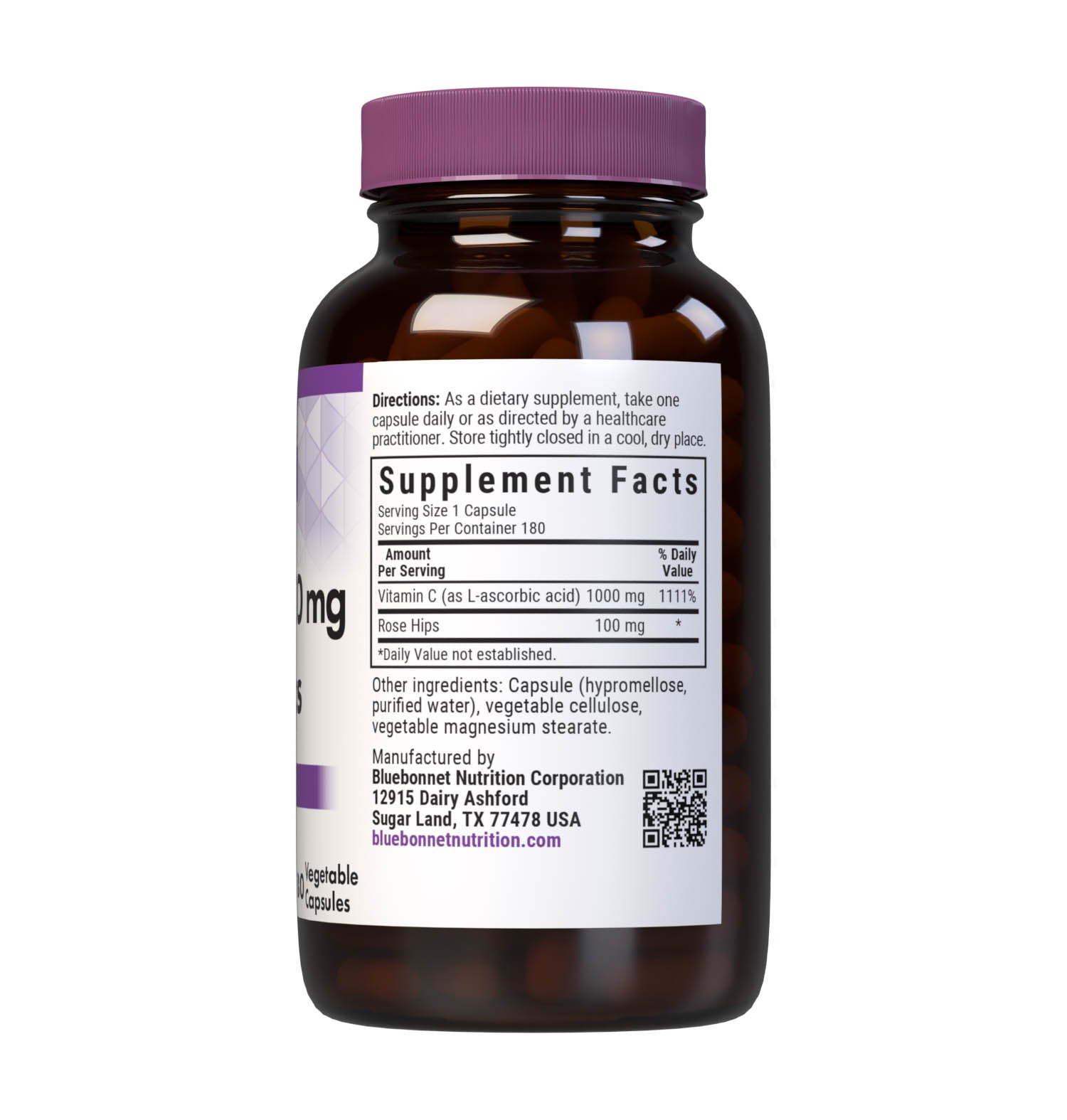 Bluebonnet’s Vitamin C-1000 mg & Rose Hips 180 Vegetable Capsules are formulated with non-GMO, identity preserved (IP) vitamin C from L-ascorbic acid and rose hips to help support immune function. Supplement facts panel. #size_180 count