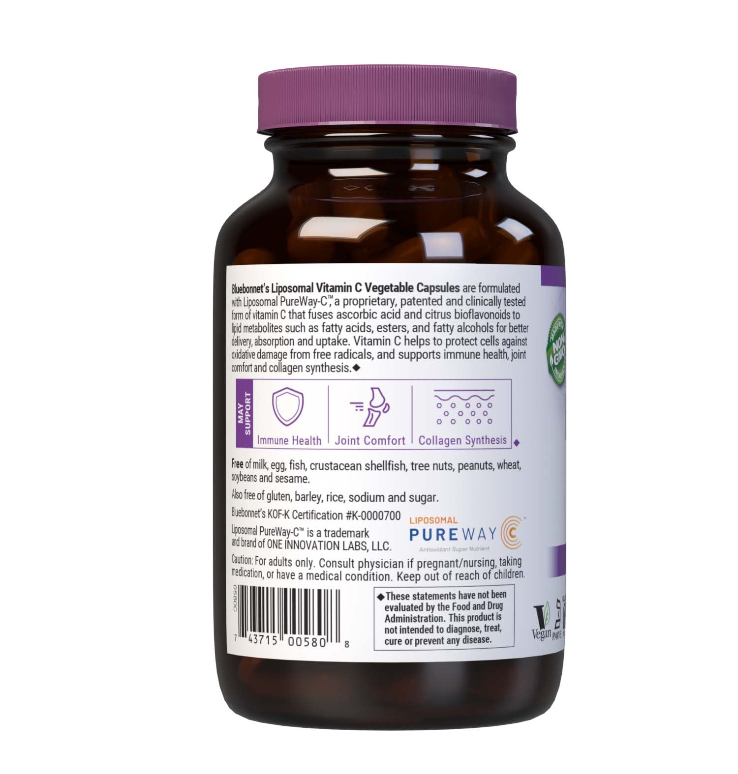 Formulated with Liposomal Pureway-C, 90 Vegetable Capsules a patented and clinically tested form of vitamin C that fuses ascorbic acid and citrus bioflavonoids to lipid metabolites such as fatty acids, esters, and fatty alcohols for better delivery, absorption and uptake to help support immune health, joint comfort & collagen synthesis. Description panel. #size_90 count