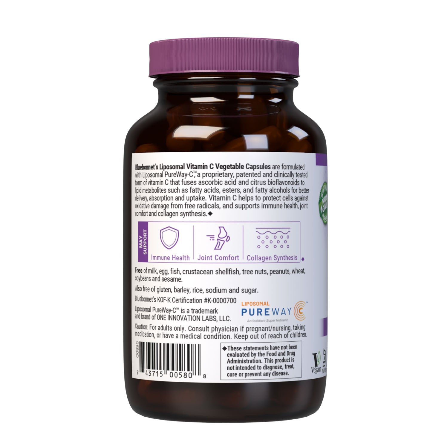 Formulated with Liposomal Pureway-C, 90 Vegetable Capsules a patented and clinically tested form of vitamin C that fuses ascorbic acid and citrus bioflavonoids to lipid metabolites such as fatty acids, esters, and fatty alcohols for better delivery, absorption and uptake to help support immune health, joint comfort & collagen synthesis. Description panel. #size_90 count