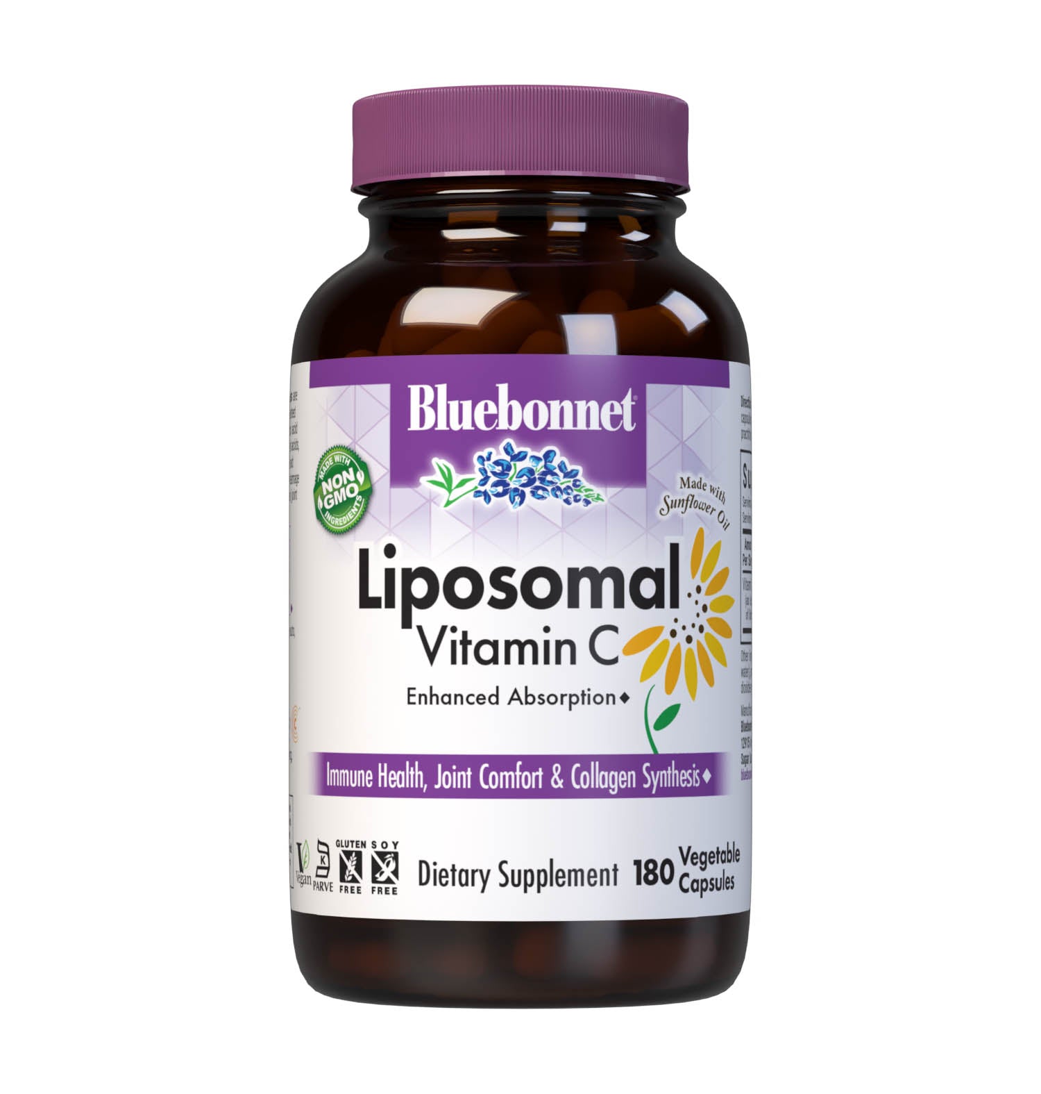 Formulated with Liposomal Pureway-C, 180 Vegetable Capsules a patented and clinically tested form of vitamin C that fuses ascorbic acid and citrus bioflavonoids to lipid metabolites such as fatty acids, esters, and fatty alcohols for better delivery, absorption and uptake to help support immune health, joint comfort & collagen synthesis. #size_180 count