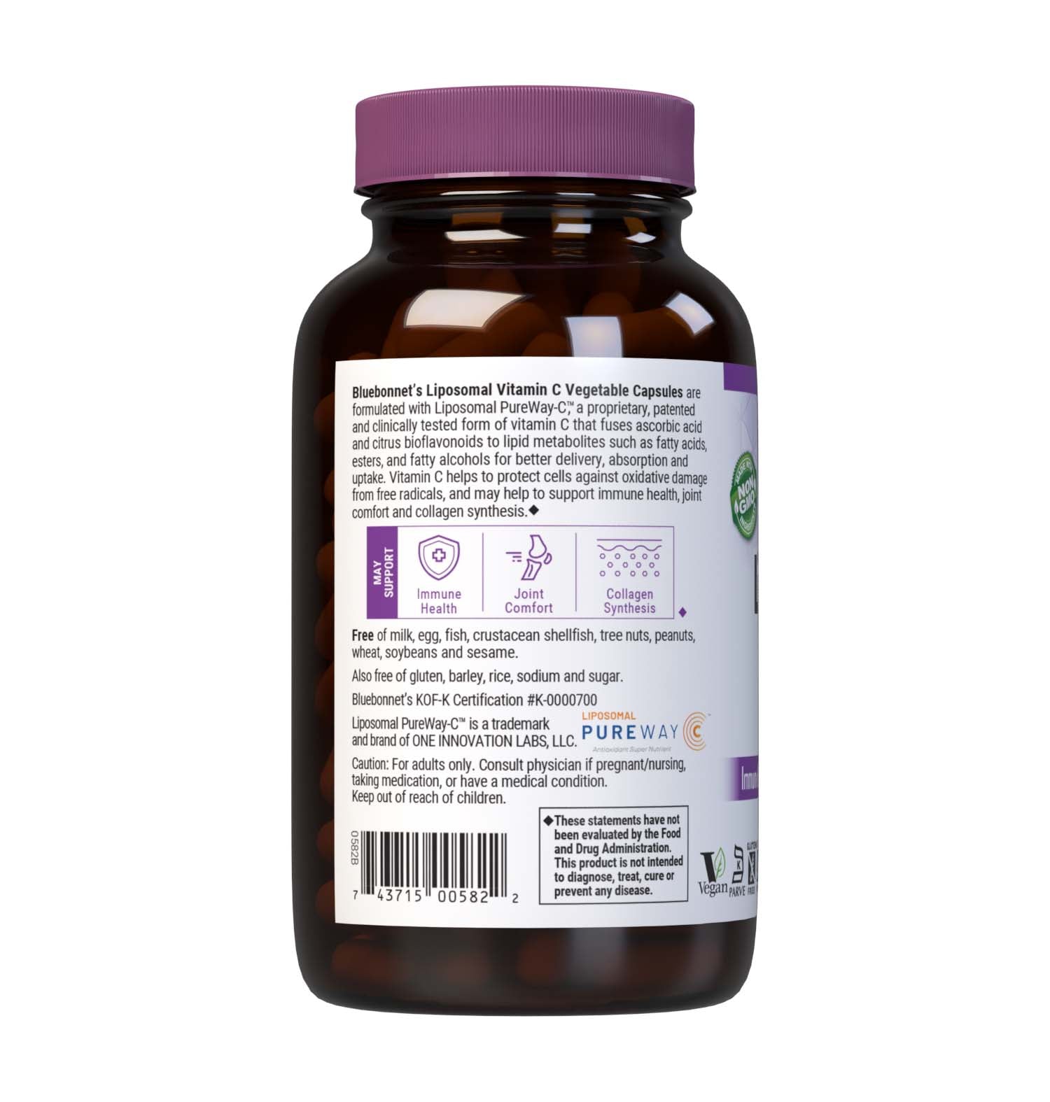 Formulated with Liposomal Pureway-C, 180 Vegetable Capsules a patented and clinically tested form of vitamin C that fuses ascorbic acid and citrus bioflavonoids to lipid metabolites such as fatty acids, esters, and fatty alcohols for better delivery, absorption and uptake to help support immune health, joint comfort & collagen synthesis. Description panel. #size_180 count
