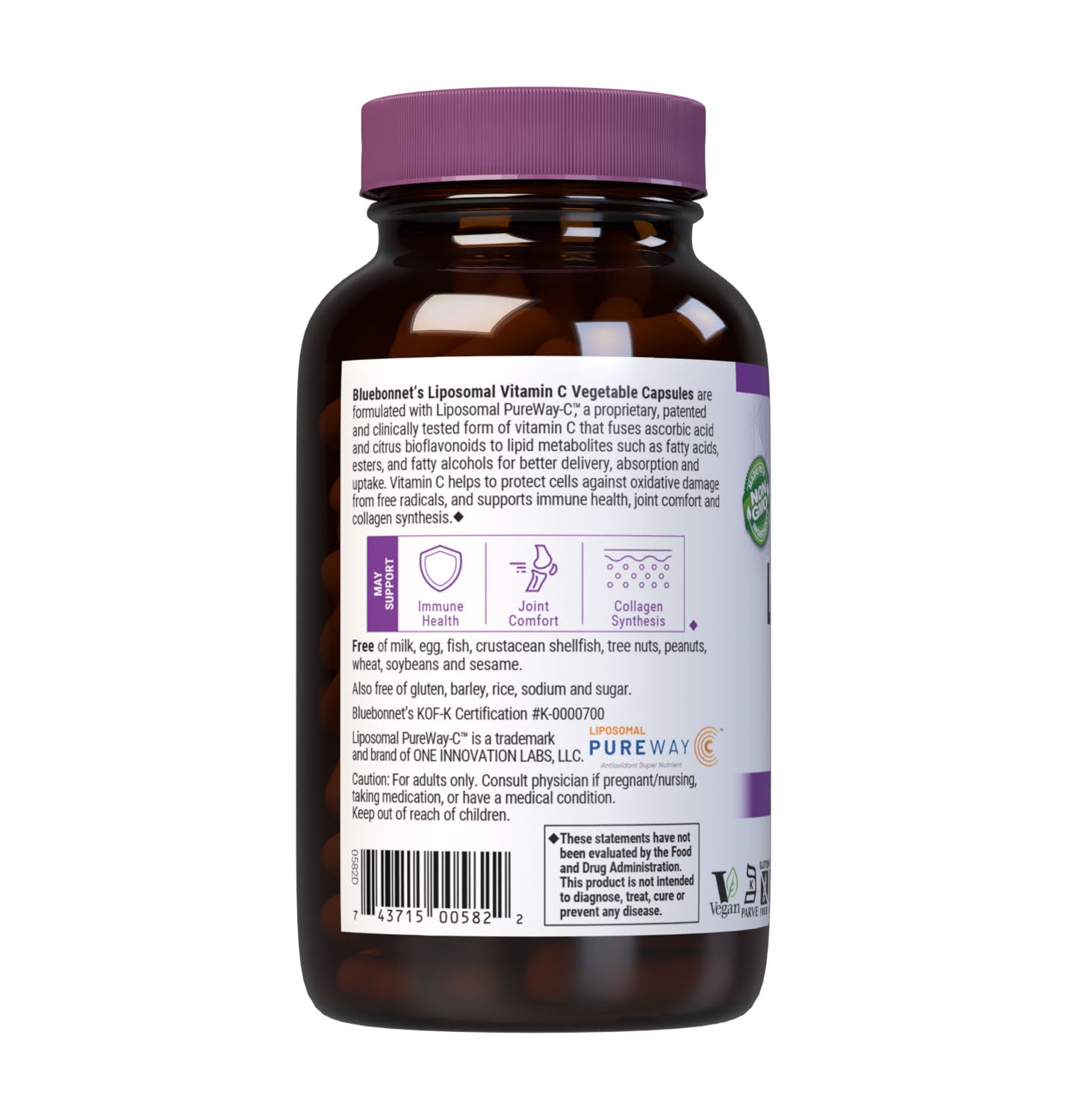 Formulated with Liposomal Pureway-C, 180 Vegetable Capsules a patented and clinically tested form of vitamin C that fuses ascorbic acid and citrus bioflavonoids to lipid metabolites such as fatty acids, esters, and fatty alcohols for better delivery, absorption and uptake to help support immune health, joint comfort & collagen synthesis. Description panel. #size_180 count