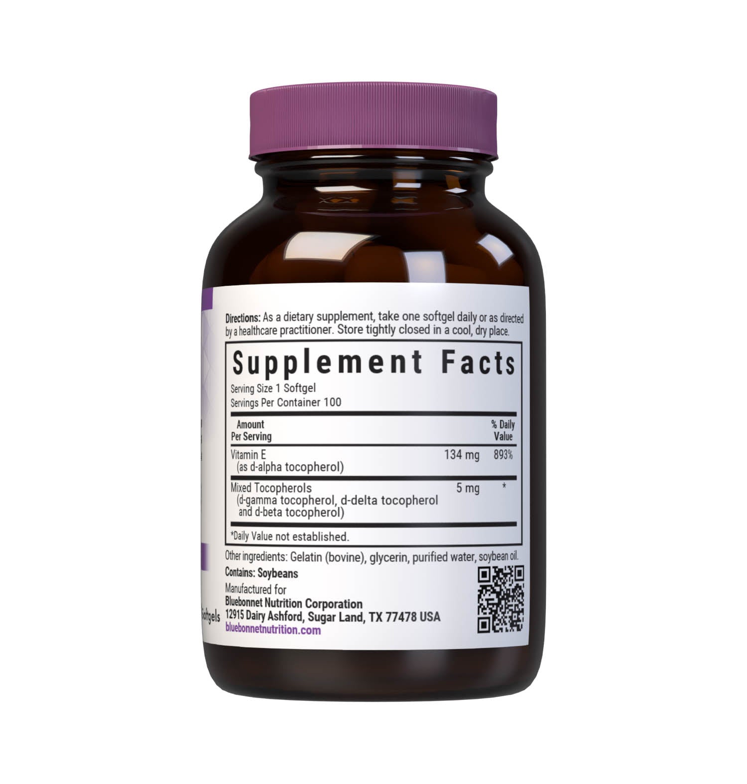 Bluebonnet’s Vitamin E 200 lU (134 mg) Mixed Softgels are specially formulated with d-alpha tocopherol and full spectrum tocopherol isomers (beta, delta and gamma) in a base of vegetable oil. Vitamin E is an antioxidant that provides free radical protection as well as cardiovascular support. Supplement facts panel. #size_100 count