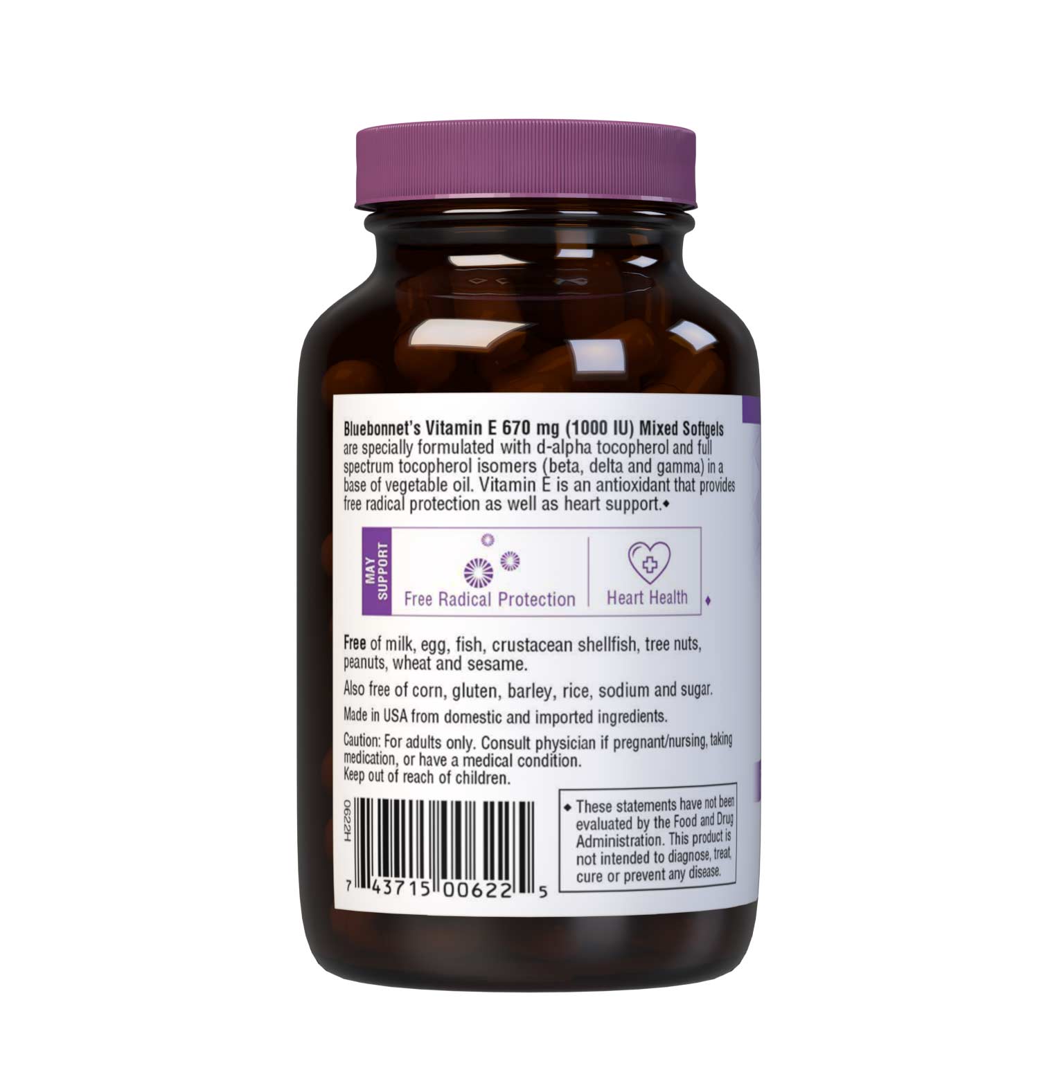 Bluebonnet’s Vitamin E 1000 lU (670 mg) Mixed Softgels are specially formulated with d-alpha tocopherol and full spectrum tocopherol isomers (beta, delta and gamma) in a base of vegetable oil. Vitamin E is an antioxidant that provides free radical protection as well as cardiovascular support. Description panel. #size_50 count