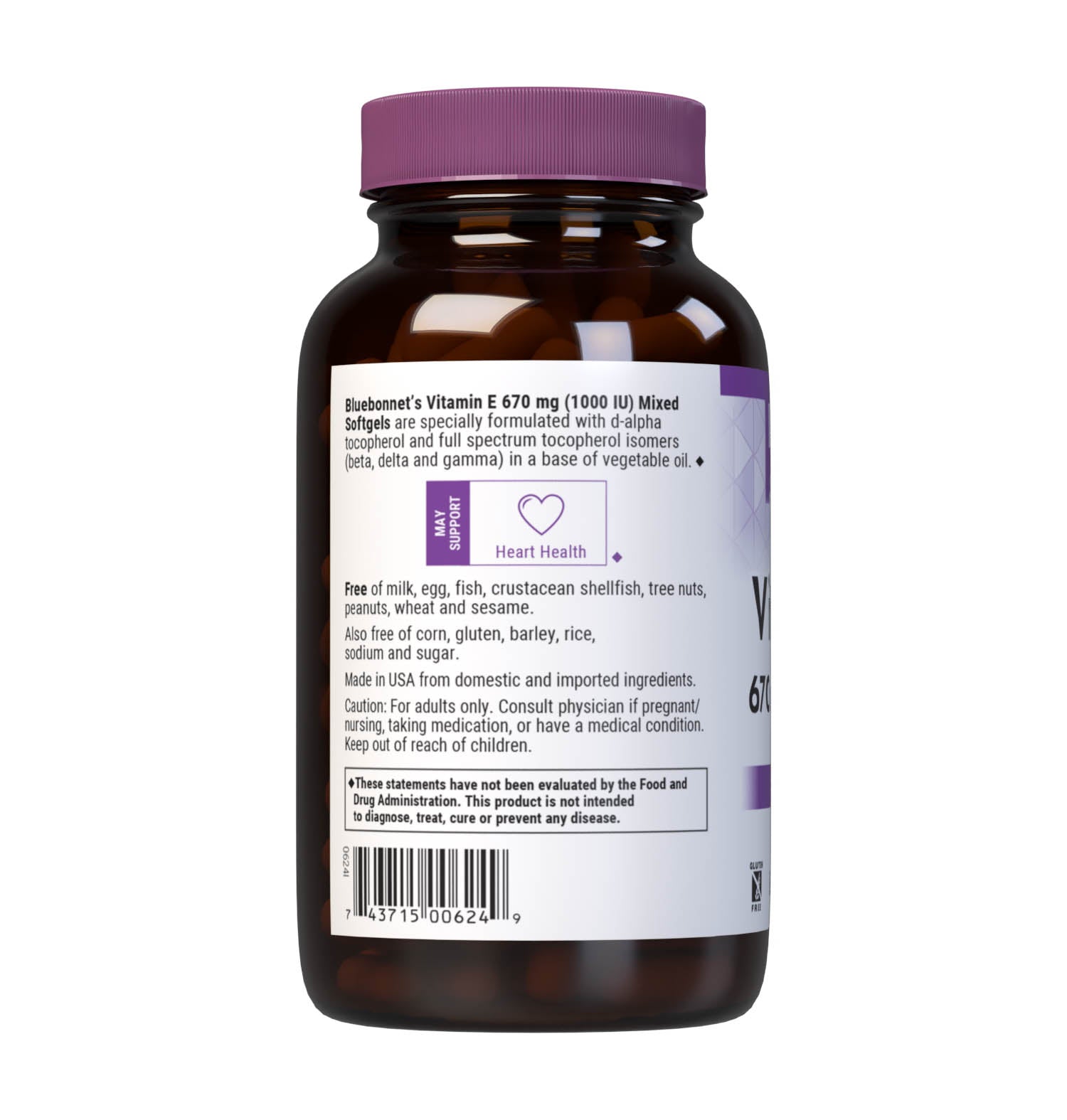 Bluebonnet’s Vitamin E 1000 lU (670 mg) Mixed Softgels are specially formulated with d-alpha tocopherol and full spectrum tocopherol isomers (beta, delta and gamma) in a base of vegetable oil. Vitamin E is an antioxidant that provides free radical protection as well as cardiovascular support. Description panel. #size_100 count