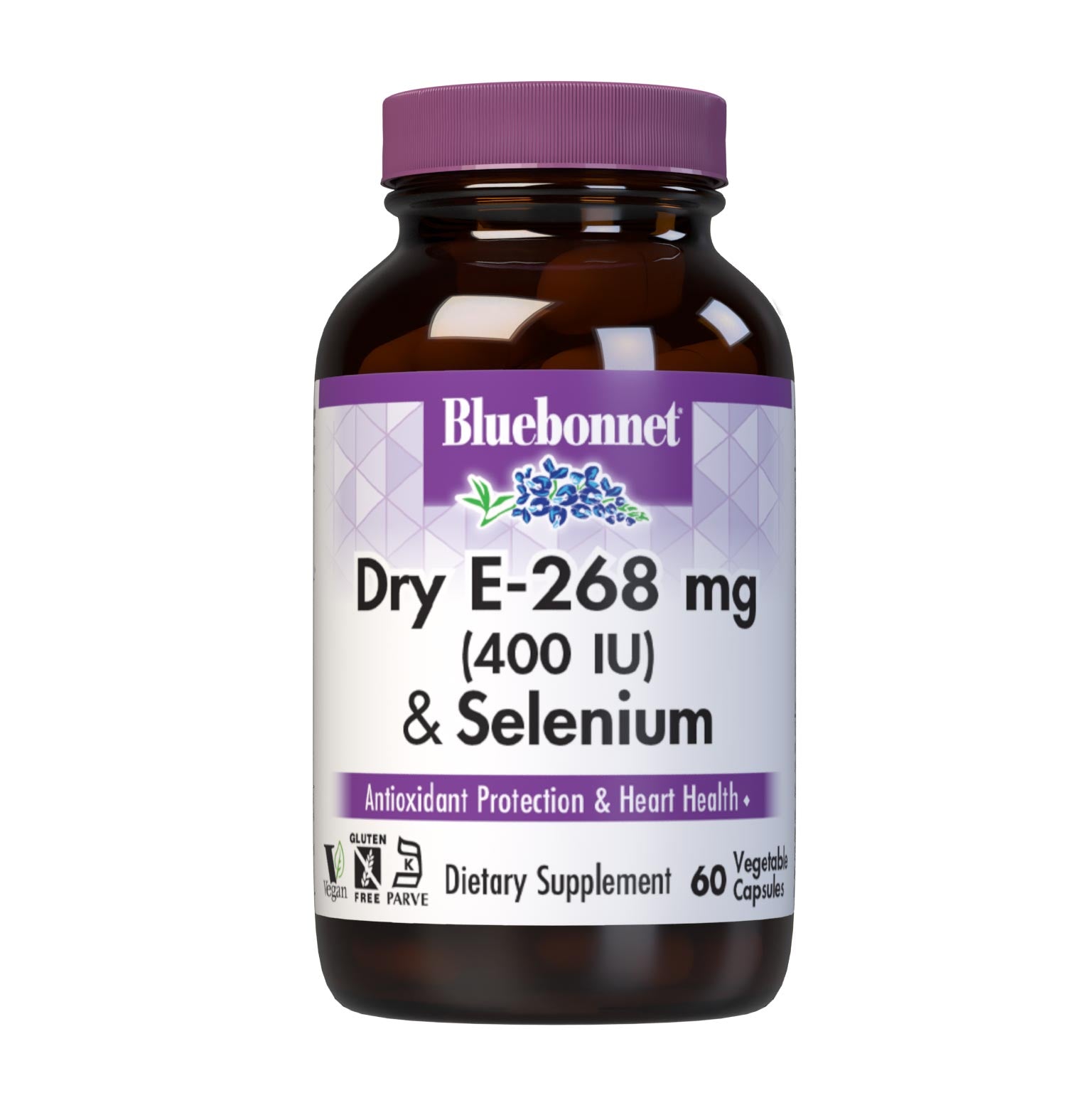 Dry E-268 mg (400 IU) & Selenium 60 Vegetable Capsules are formulated with vitamin E from oil-free d-alpha tocopheryl succinate, and selenium from L-selenomethionine. Vitamin E and selenium both offer free radical protection and cardiovascular support. #size_60 count