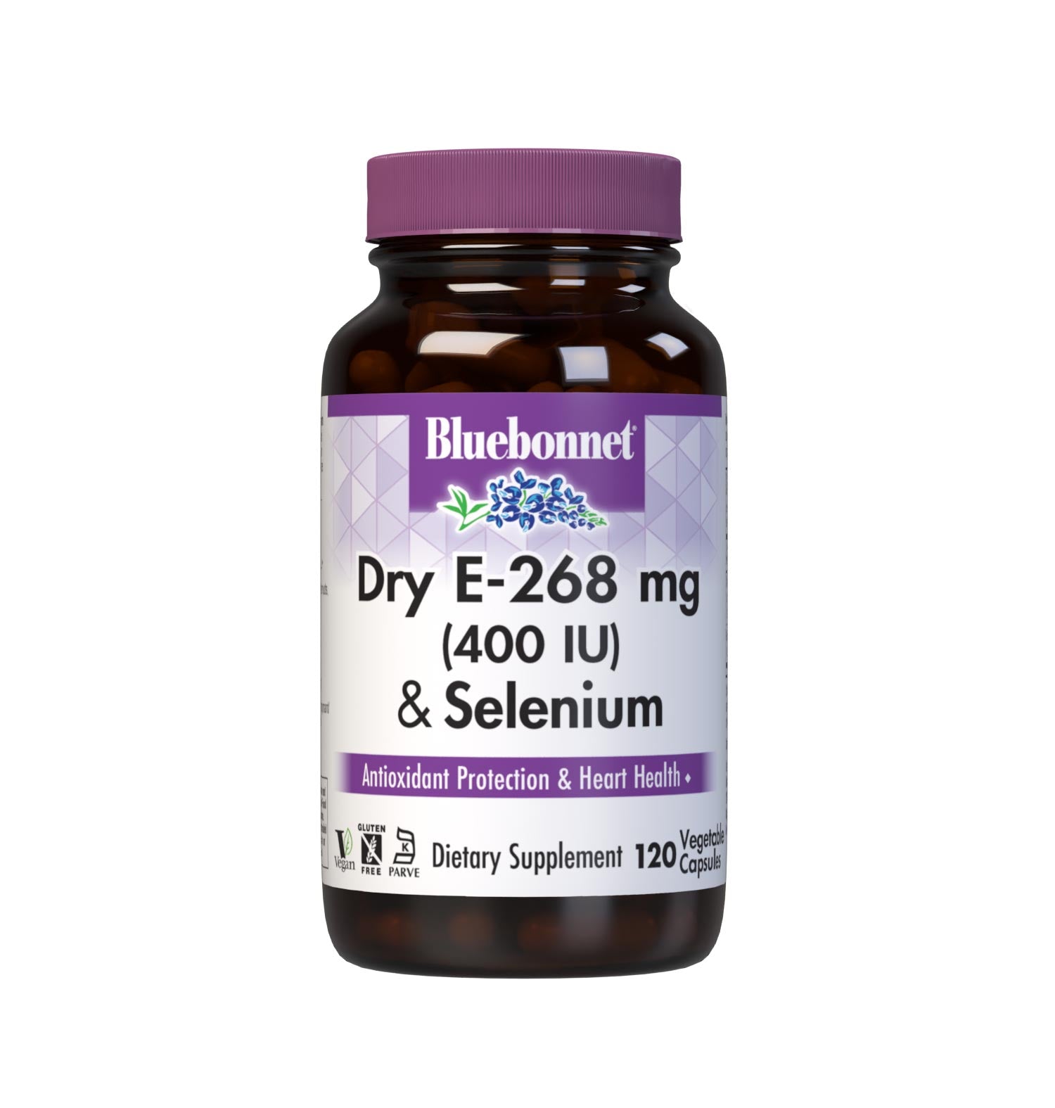 Dry E-268 mg (400 IU) & Selenium 120 Vegetable Capsules are formulated with vitamin E from oil-free d-alpha tocopheryl succinate, and selenium from L-selenomethionine. Vitamin E and selenium both offer free radical protection and cardiovascular support. #size_120 count