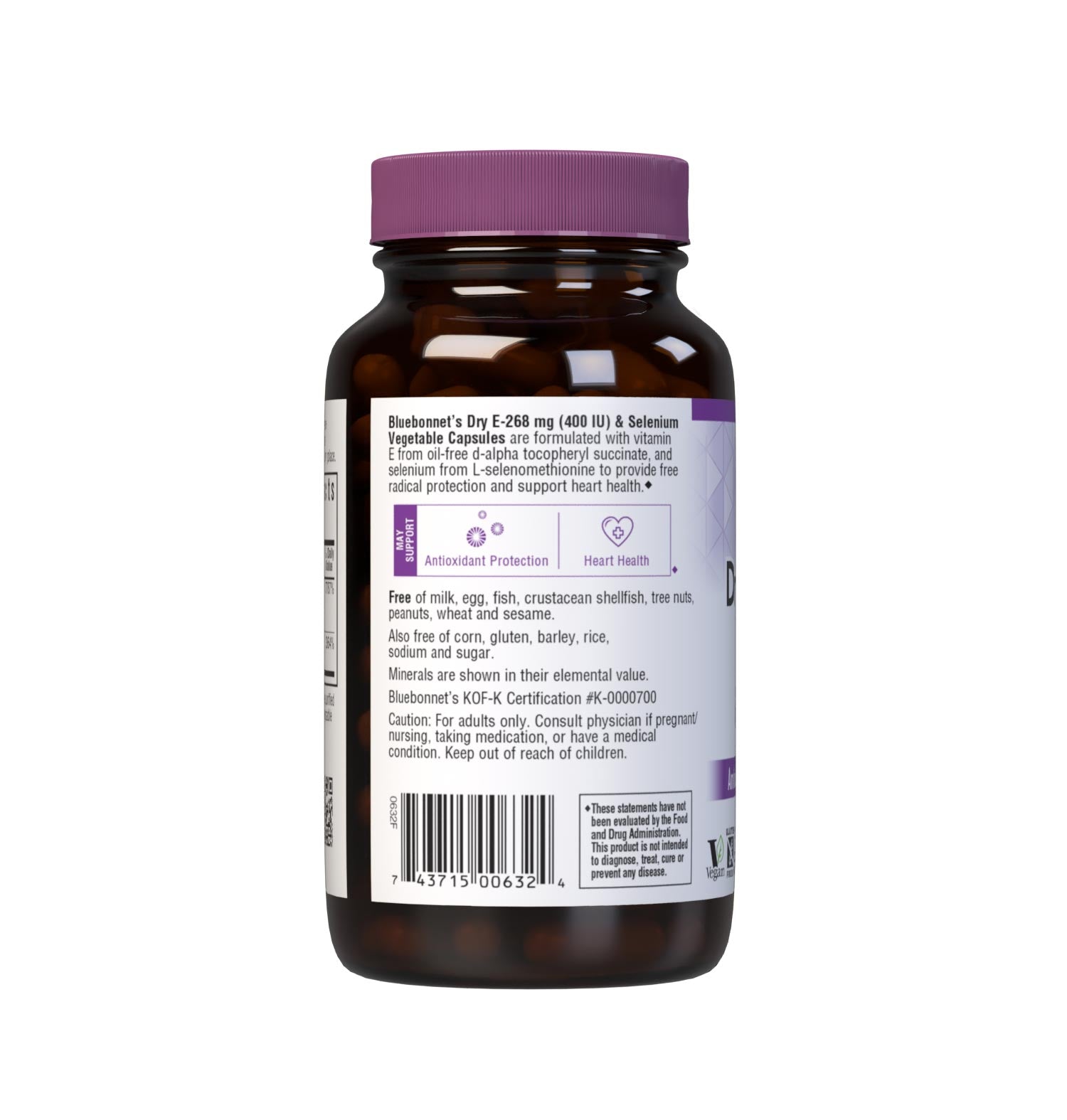 Dry E-268 mg (400 IU) & Selenium 120 Vegetable Capsules are formulated with vitamin E from oil-free d-alpha tocopheryl succinate, and selenium from L-selenomethionine. Vitamin E and selenium both offer free radical protection and cardiovascular support. Description panel. #size_120 count