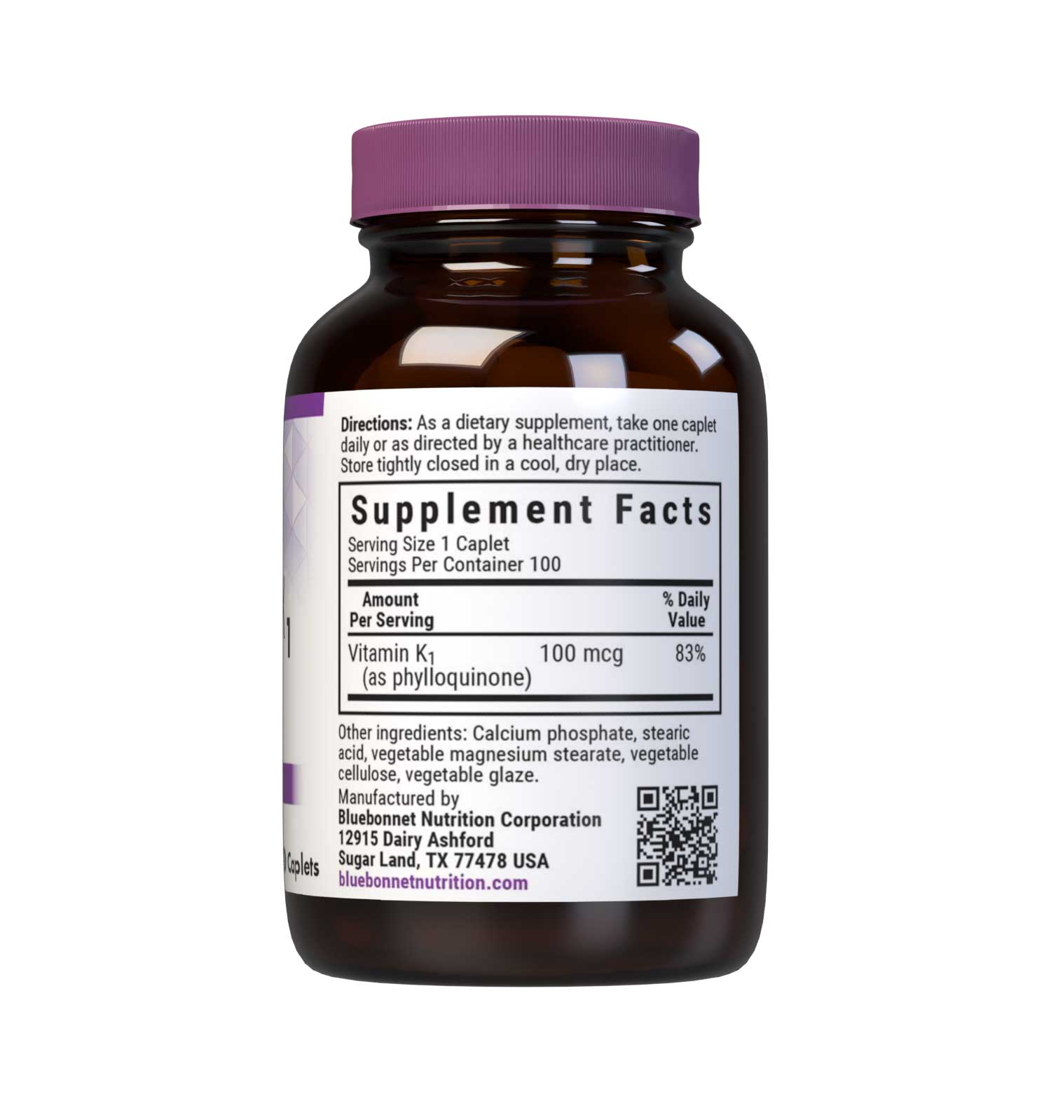 Bluebonnet’s Vitamin K1 100 mcg 100 Caplets are formulated with vitamin K1 (phytonadione) in its crystalline form to help support bone health. Supplement facts panel. #size_100 count