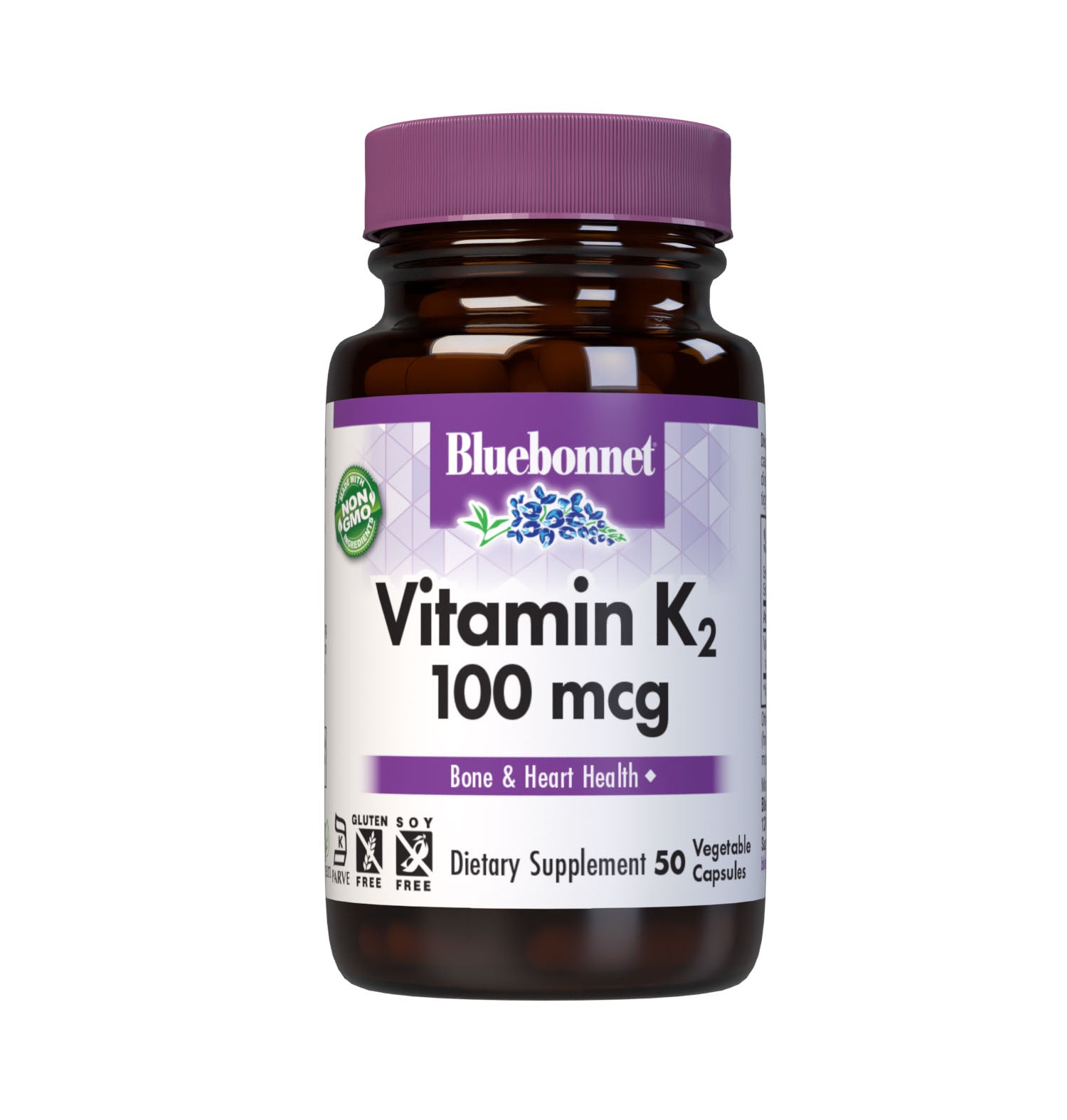Bluebonnet’s Vitamin K2 100 mcg 50 Vegetable Capsules are formulated with Menaquinone-7 (MK-7) which is produced through a patented biofermentation process from Bacillus subtilis natto cultures. Menaquinone-7 is an enhanced bioactive form of vitamin K2 to help support bone and cardiovascular health. #size_50 count