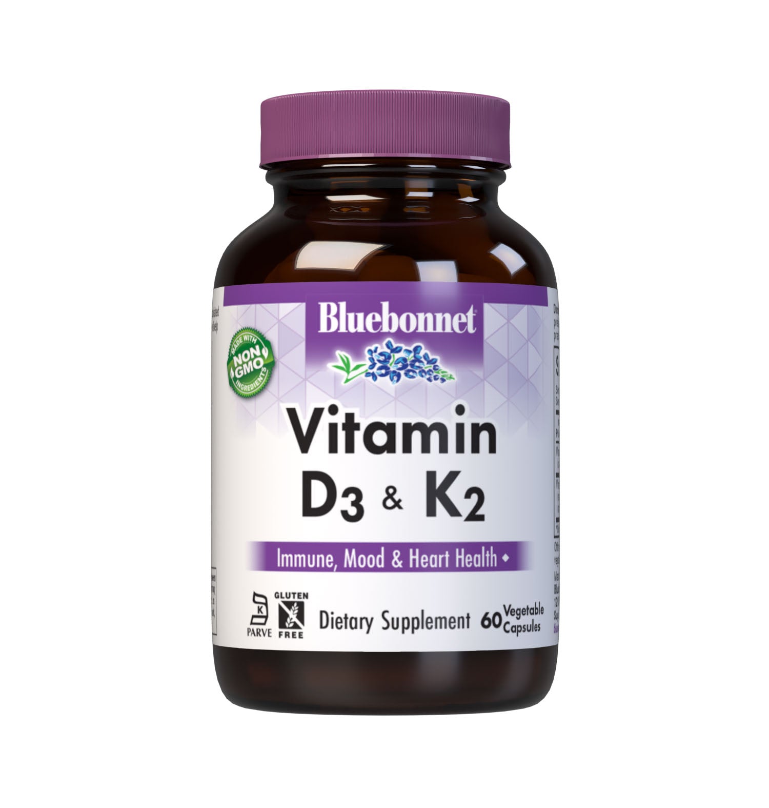 Bluebonnet’s Vitamin D3 & K2 60 Vegetable Capsules are formulated with vitamin D3 (cholecalciferol) and vitamin K2 (MK-7) from Natto. #size_60 count