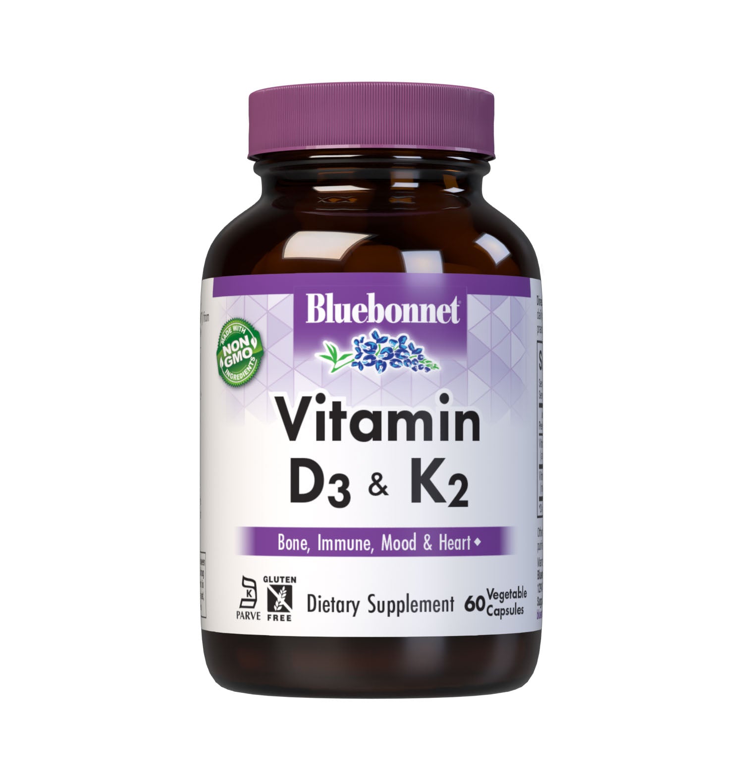 Bluebonnet’s Vitamin D3 & K2 60 Vegetable Capsules are formulated with vitamin D3 (cholecalciferol) and vitamin K2 (MK-7) from Natto. #size_60 count