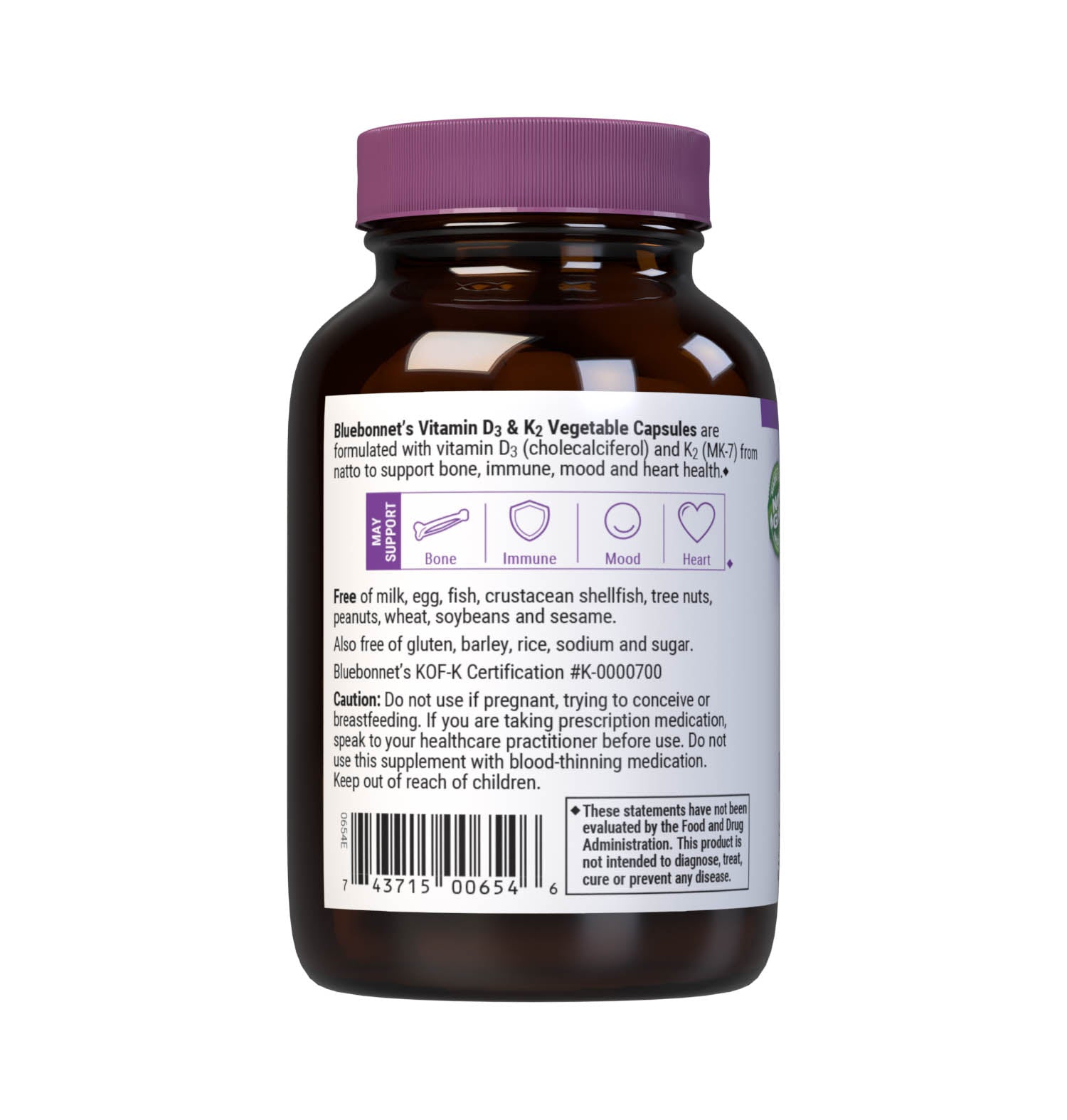 Bluebonnet’s Vitamin D3 & K2 60 Vegetable Capsules are formulated with vitamin D3 (cholecalciferol) and vitamin K2 (MK-7) from Natto. Description panel. #size_60 count