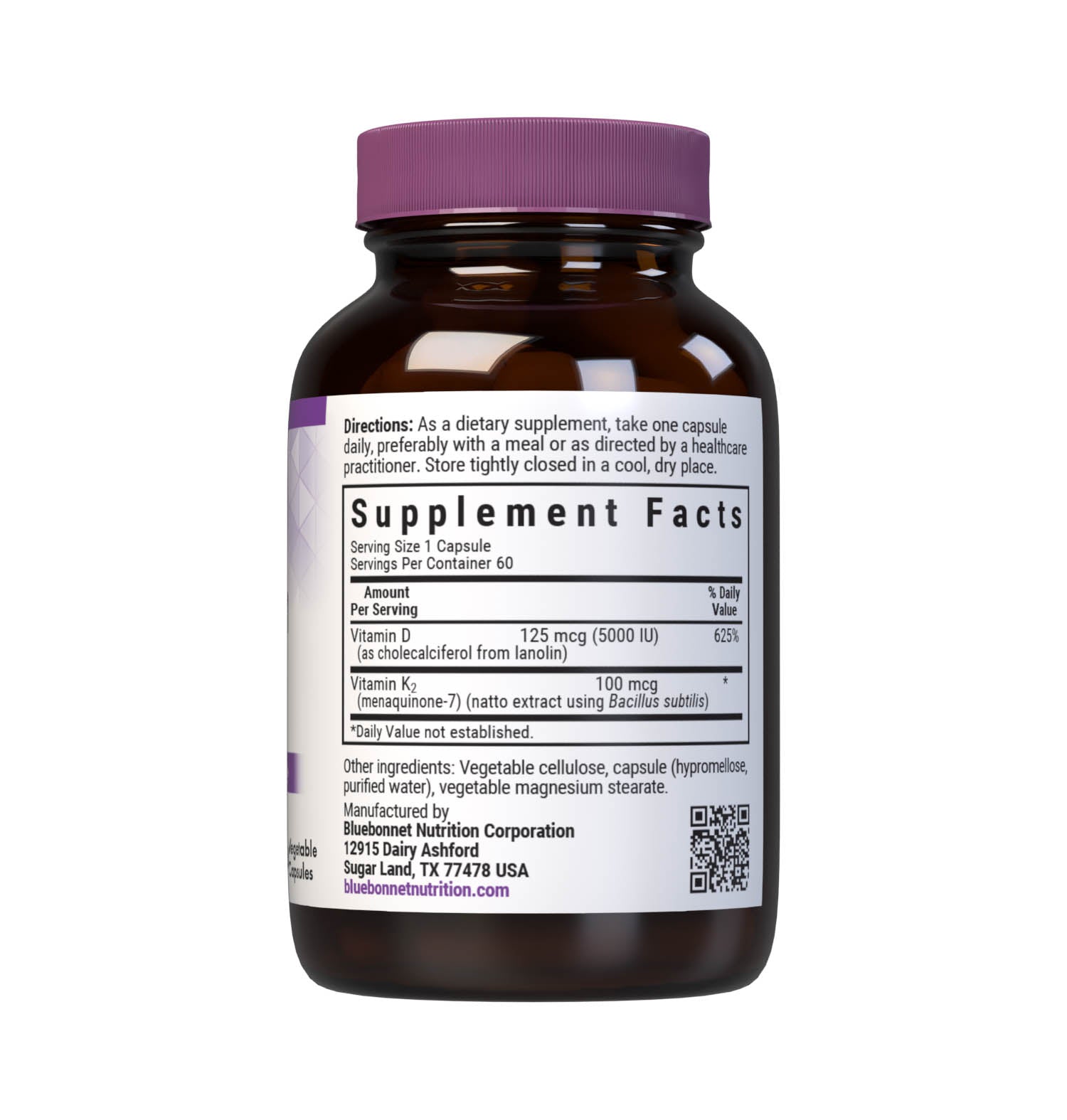 Bluebonnet’s Vitamin D3 & K2 60 Vegetable Capsules are formulated with vitamin D3 (cholecalciferol) and vitamin K2 (MK-7) from Natto. Supplement facts panel. #size_60 count