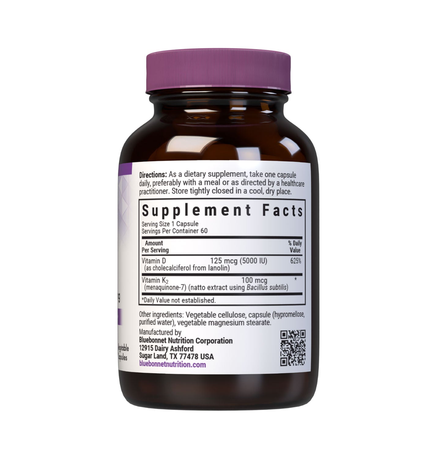 Bluebonnet’s Vitamin D3 & K2 60 Vegetable Capsules are formulated with vitamin D3 (cholecalciferol) and vitamin K2 (MK-7) from Natto. Supplement facts panel. #size_60 count