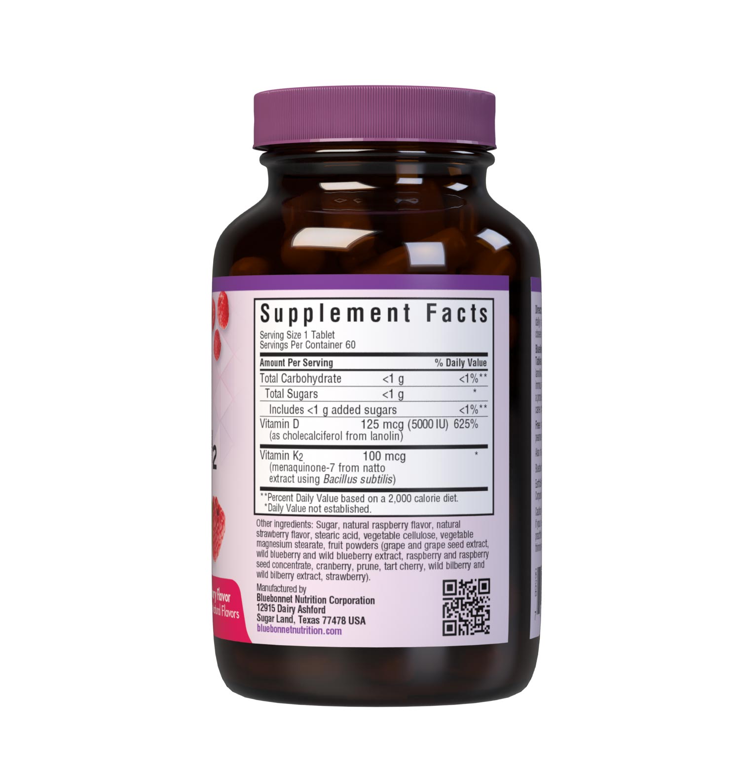 Earthsweet chewables Vitamin D3 K2 specially formulated with 125 mcg (5000 iu) vitamin d3 from lanolin and 100 mcg vitamin k2 from natto in a delicious raspberry flavor and sweetened with EarthSweet, a proprietary sweetening mix of fruit powders and cane sugar crystals to help support immune function, mood, and heart health. Supplement facts panel. #size_60 count