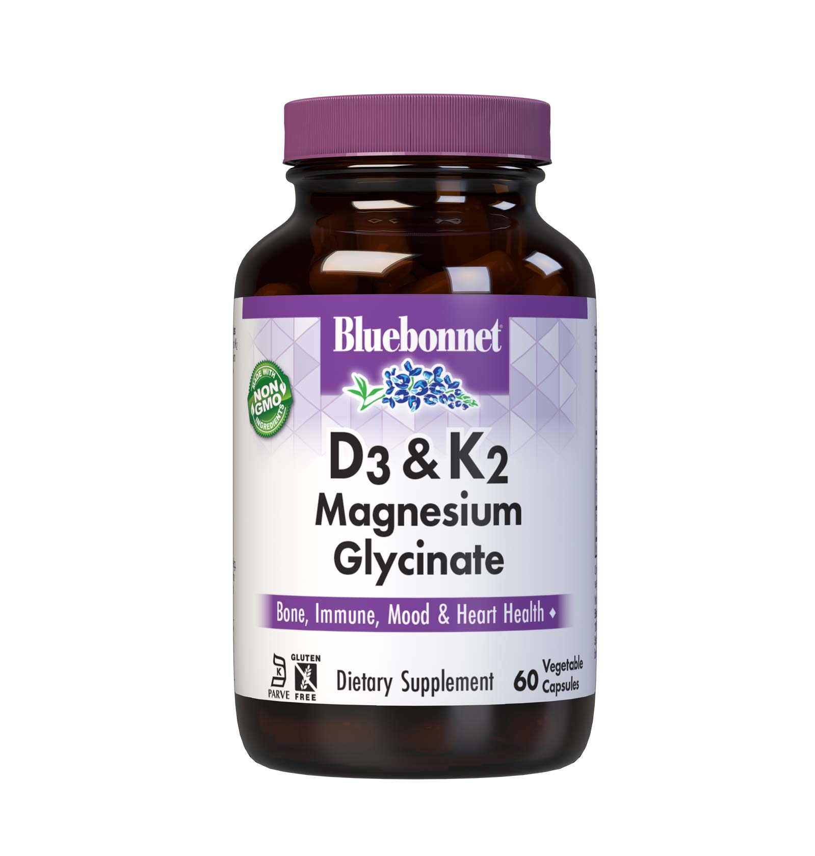 Bluebonnet’s Vitamin D3 K2 and Magnesium Glycinate, 60 Vegetable Capsules are formulated with (2000 IU) 50 mcg of vitamin D3 (cholecalciferol), 100 mcg of vitamin K2 (MK-7) from Natto and 200 mg of magnesium glycinate. front panel.  #size_60 count