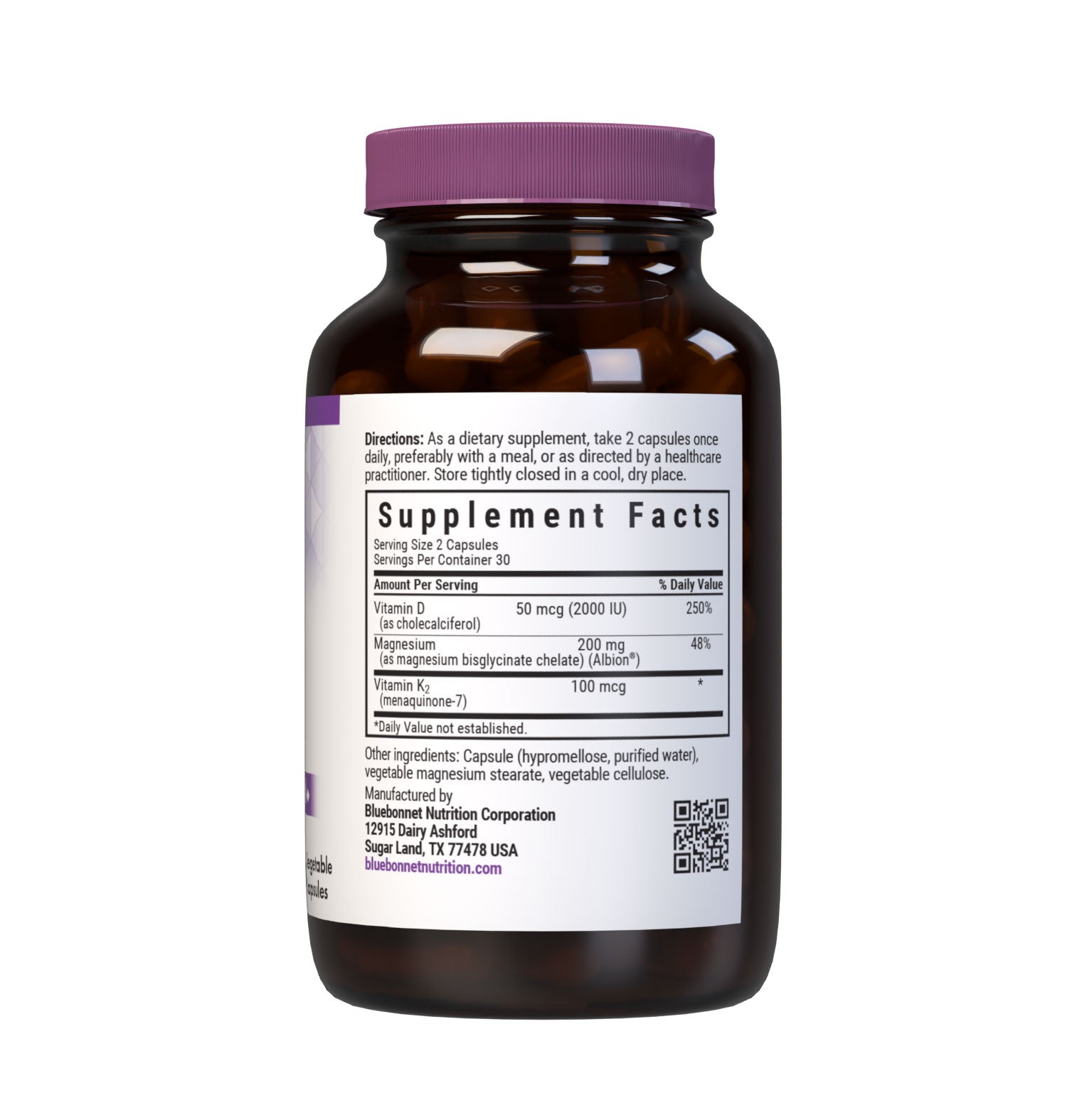 Bluebonnet’s Vitamin D3 K2 and Magnesium Glycinate, 60 Vegetable Capsules are formulated with (2000 IU) 50 mcg of vitamin D3 (cholecalciferol), 100 mcg of vitamin K2 (MK-7) from Natto and 200 mg of magnesium glycinate. Supplement facts panel. #size_60 count