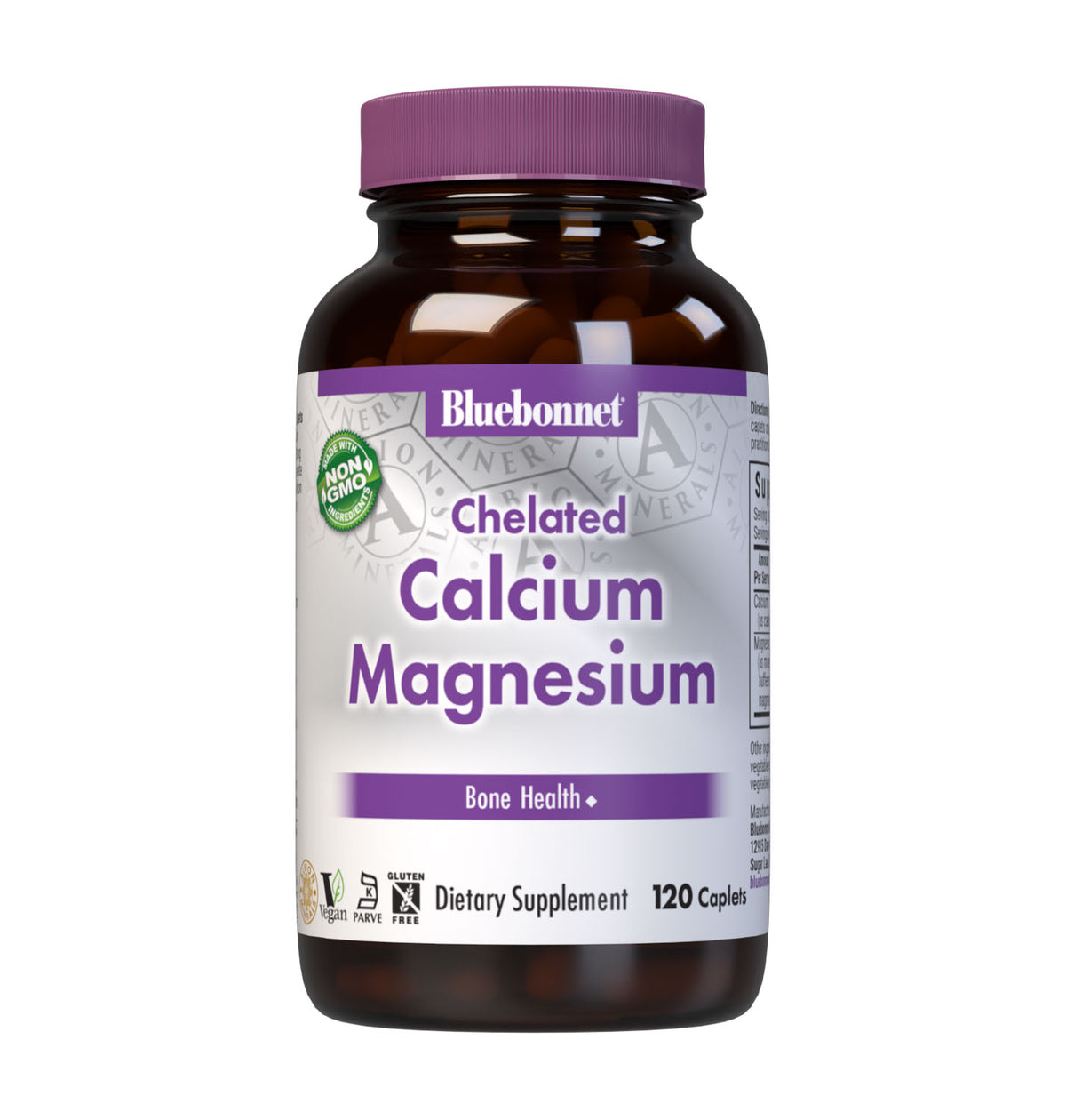 Bluebonnet's Chelated Calcium Magnesium 120 Caplets are formulated with 500 mg of elemental calcium from fully reacted calcium bisglycinate and 200 mg of elemental magnesium from magnesium glycinate chelate buffered with magnesium oxide from Albion for strong healthy bones. Buffered magnesium increases the pH (alkalinity) of the formula, making it more gentle on the digestive tract and easier to absorb. #size_120 count