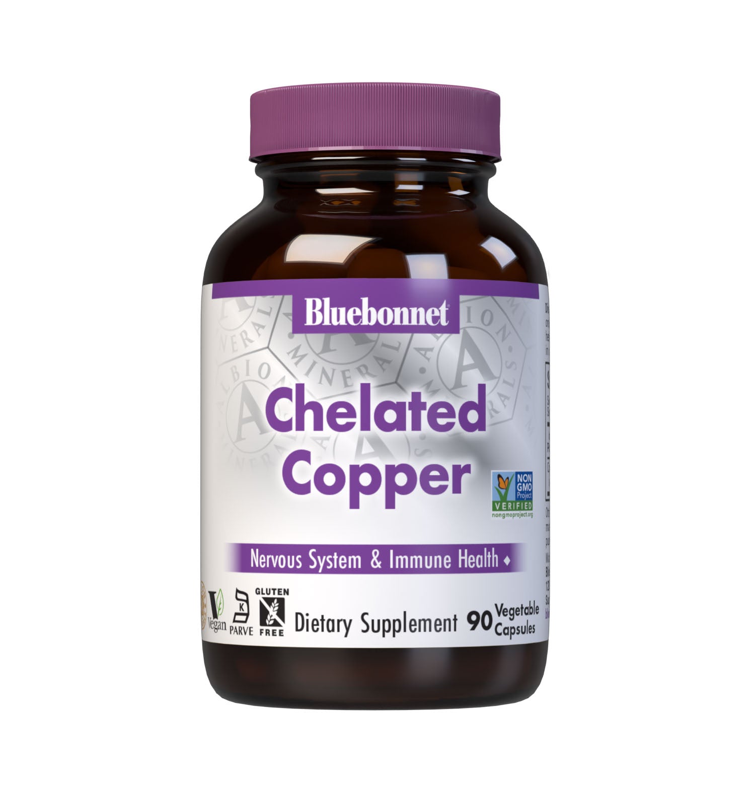 Bluebonnet's Chelated Copper 90 Vegetable Capsules are formulated with 3 mg of elemental copper from fully reacted copper bisglycinate, an amino acid chelate mineral from Albion. Copper is an essential element that is necessary for nervous system and immune health. #size_90 count