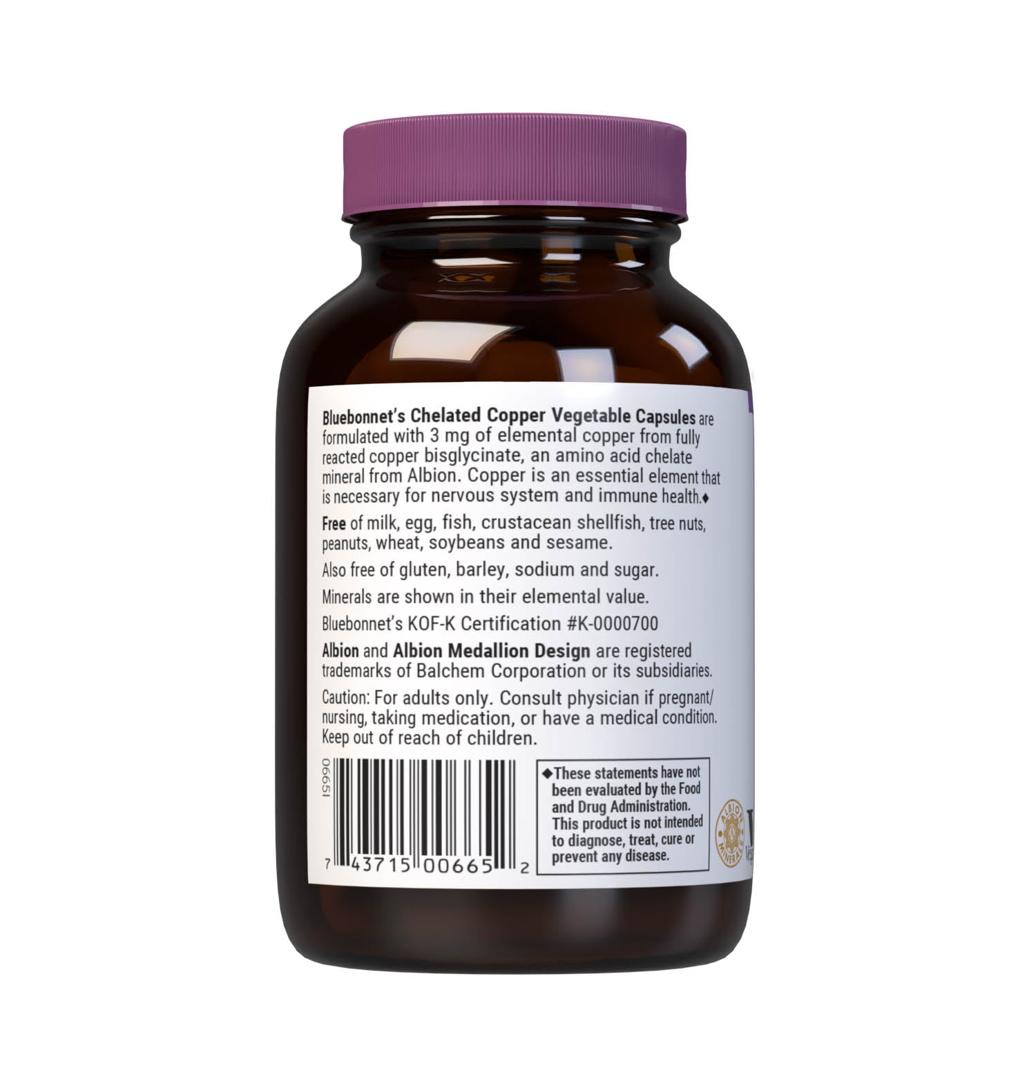 Bluebonnet's Chelated Copper 90 Vegetable Capsules are formulated with 3 mg of elemental copper from fully reacted copper bisglycinate, an amino acid chelate mineral from Albion. Copper is an essential element that is necessary for nervous system and immune health. Description panel. #size_90 count