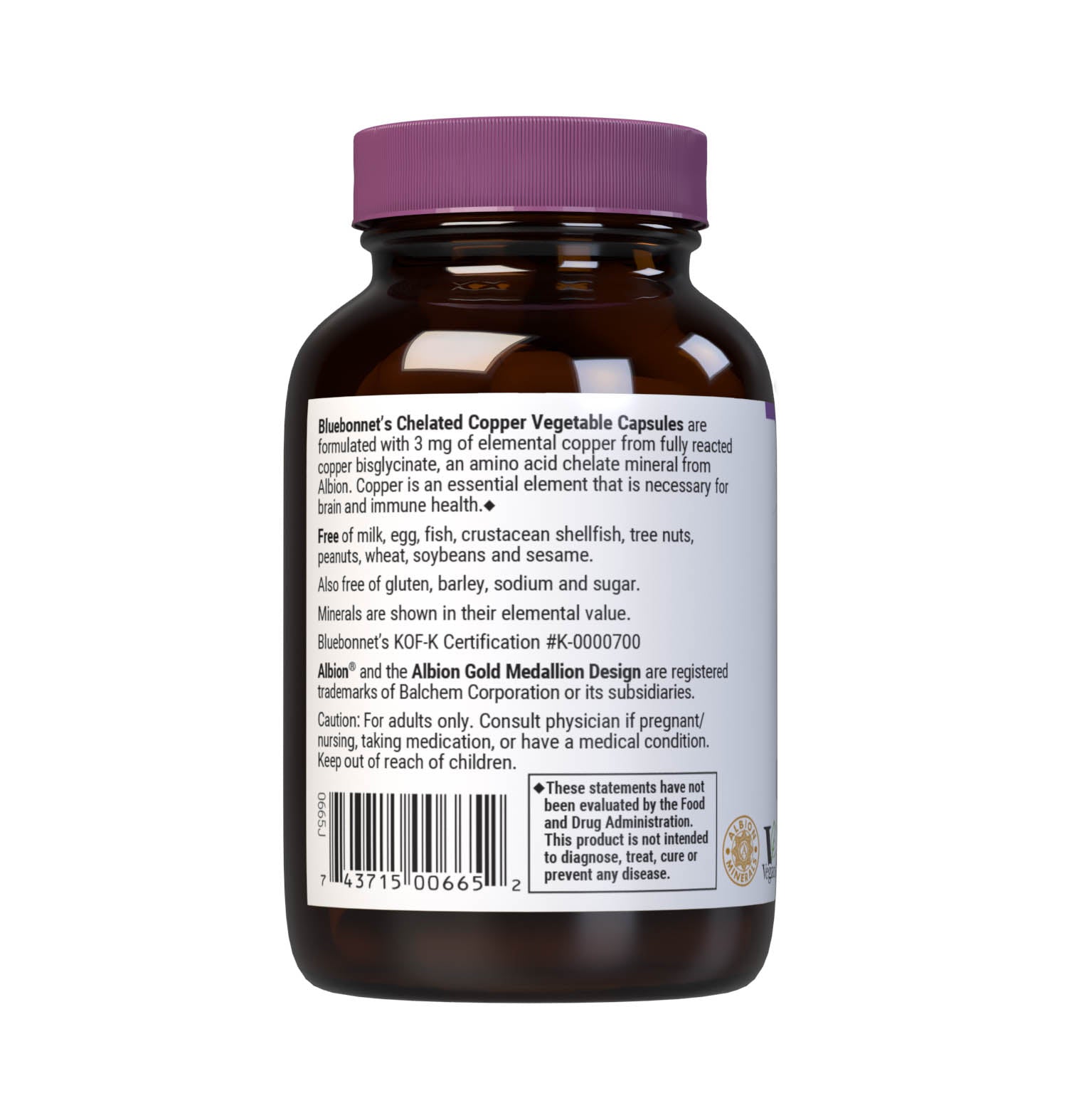 Bluebonnet's Chelated Copper 90 Vegetable Capsules are formulated with 3 mg of elemental copper from fully reacted copper bisglycinate, an amino acid chelate mineral from Albion. Copper is an essential element that is necessary for nervous system and immune health. Description panel. #size_90 count