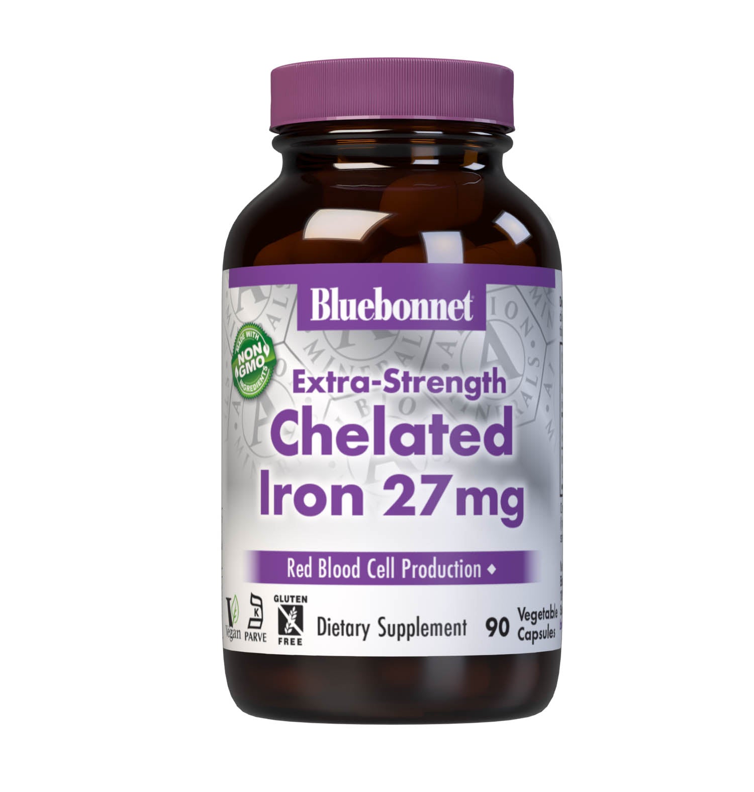 Bluebonnet's Extra-Strength Chelated Iron 27 mg 90 Vegetable Capsules are formulated with a gentle, non-constipating form of iron known as Ferrochel, a patented, fully reacted chelated ferrous bisglycinate from Albion. Iron is an essential element that is necessary for healthy red blood cell production as well as transferring oxygen throughout the body. #size_90 count