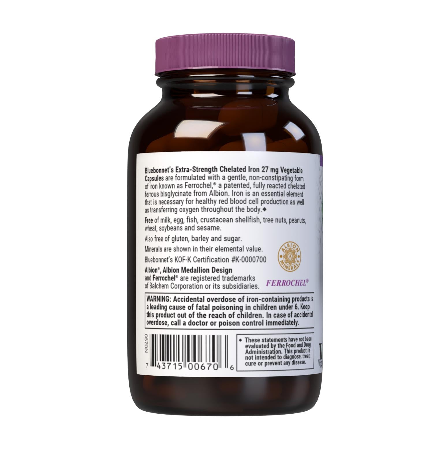 Bluebonnet's Extra-Strength Chelated Iron 27 mg 90 Vegetable Capsules are formulated with a gentle, non-constipating form of iron known as Ferrochel, a patented, fully reacted chelated ferrous bisglycinate from Albion. Iron is an essential element that is necessary for healthy red blood cell production as well as transferring oxygen throughout the body. Description panel. #size_90 count